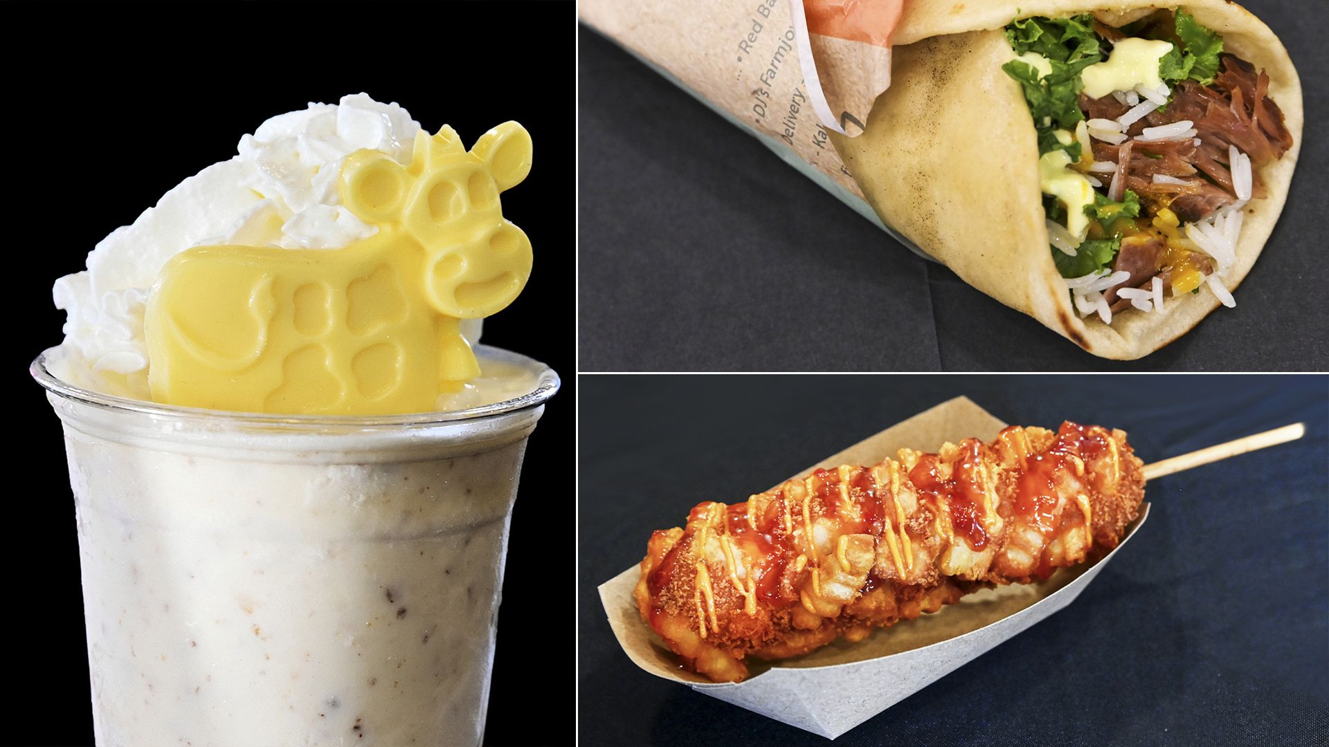 A three-image layout including a butter cow tornado, lamb wrap and Korean corn dog.