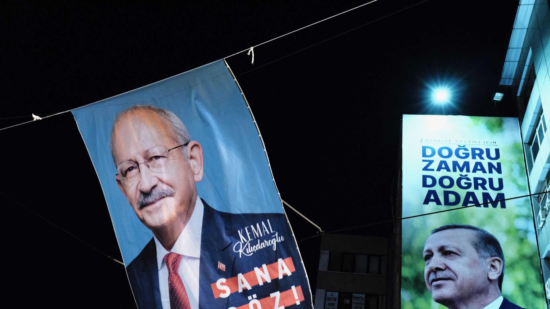Campaign posters with photos of Turkey's presidential candidates, the leader of the opposition Republican People's Party (CHP) Kemal Kilicdaroglu and Turkish President Recep Tayyip Erdogan