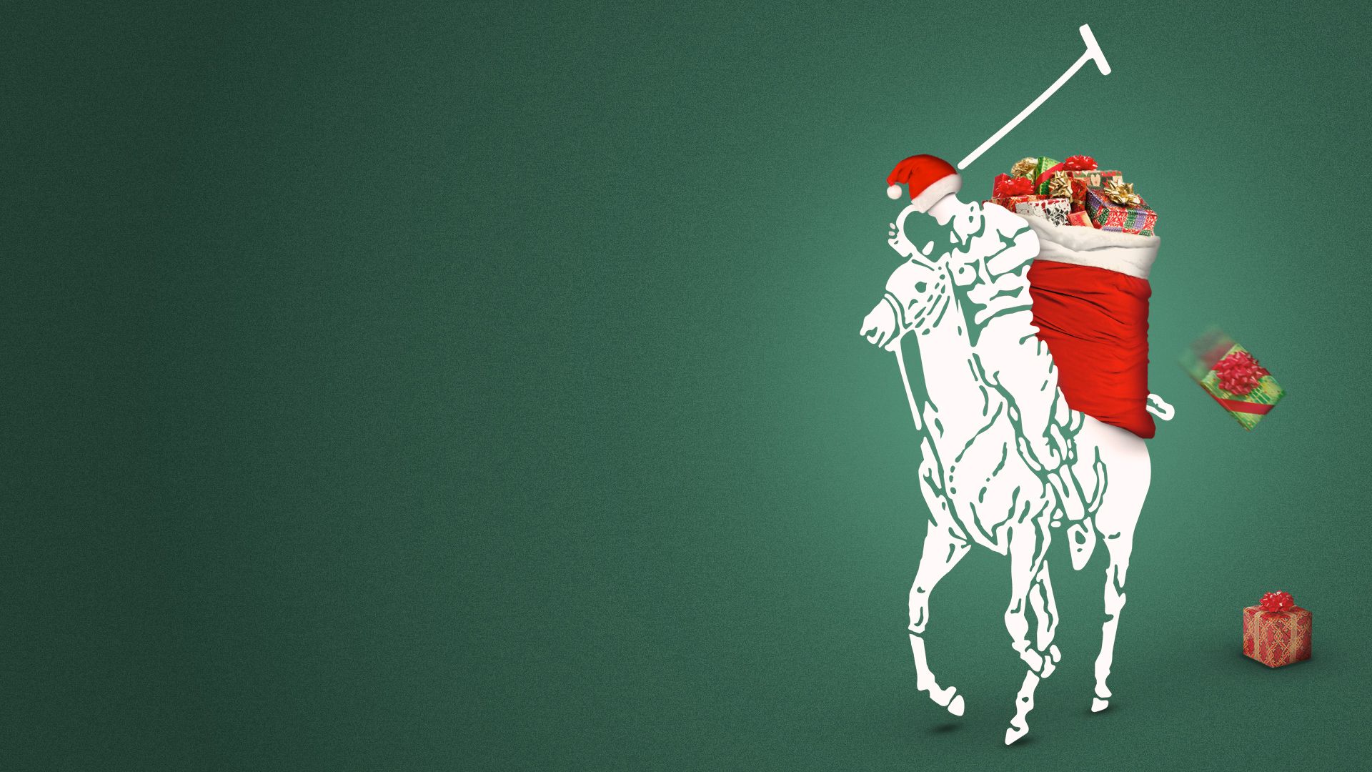 Photo illustration of the Ralph Lauren polo player logo, the player is wearing a Santa hat with a bag of presents on the rear of the horse. 
