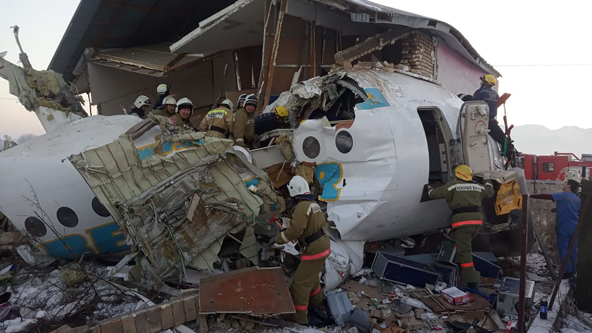 The site of a crash of a Bek Air plane in Kazakhstan 