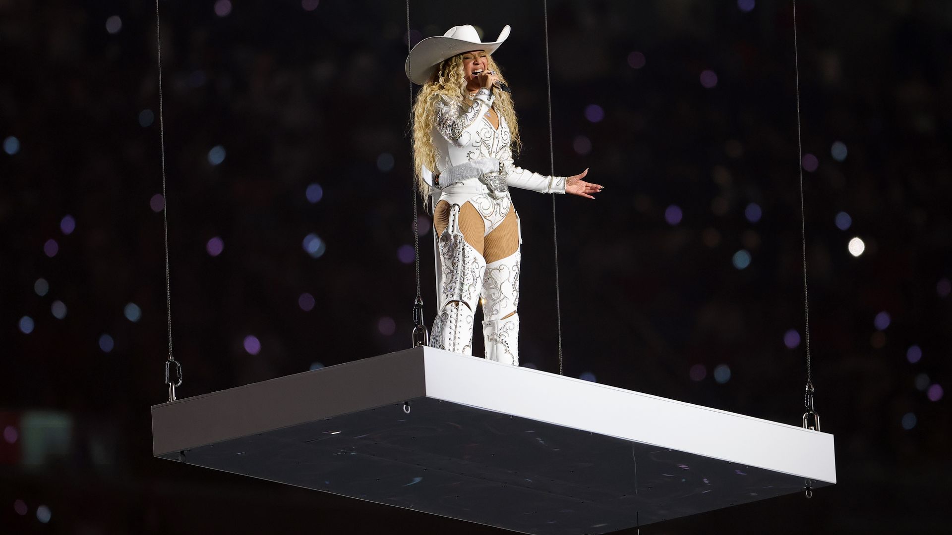 Beyoncé performs during the halftime show for the game between the Baltimore Ravens and the Houston Texans at NRG Stadium on Dec. 25, 2024 in Houston.