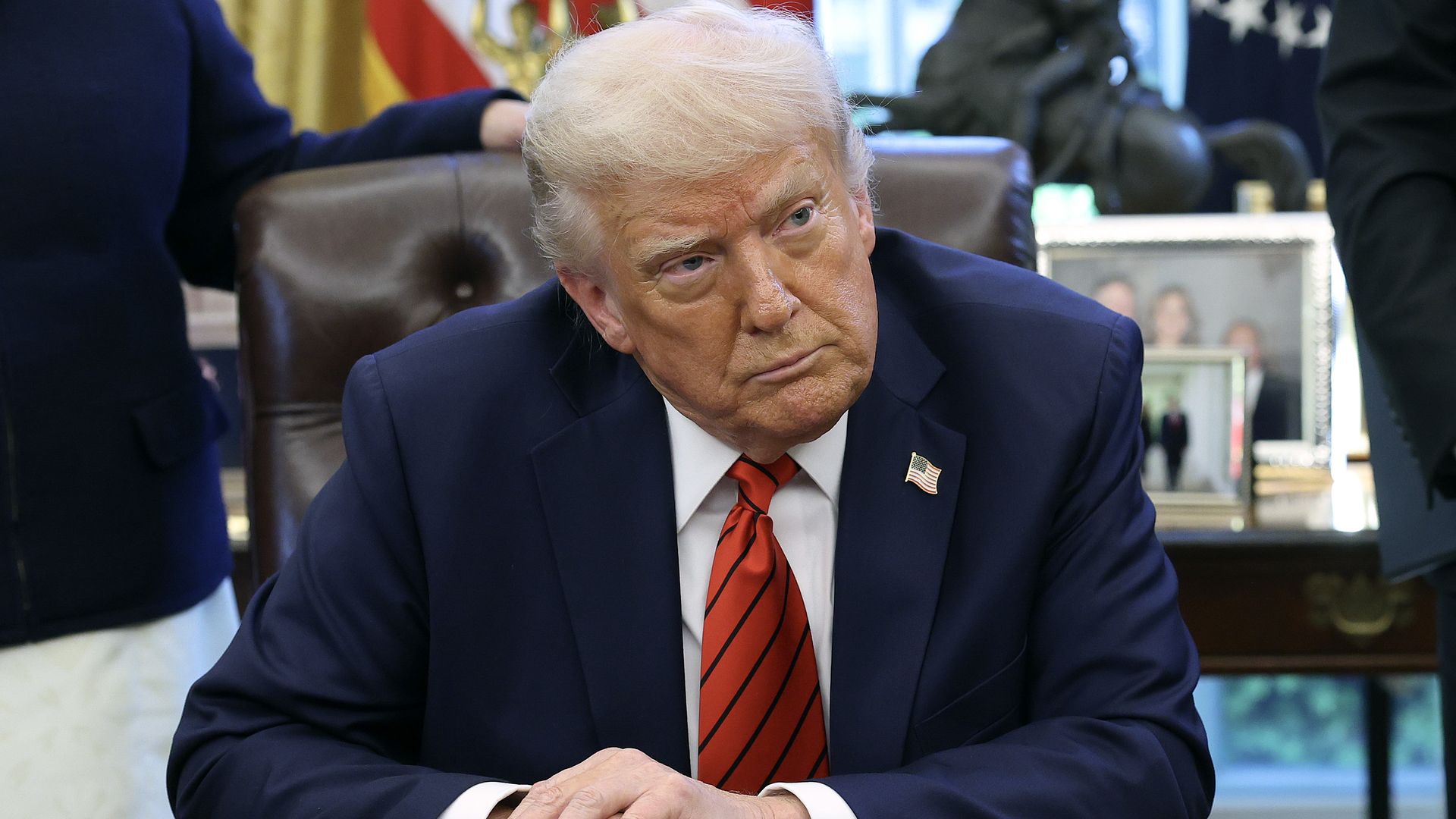 President Donald Trump speaks to reporters after signing a proclamation in the Oval Office at the White House on April 17, 2025 in Washington, DC. The proclamation expands fishing rights in the Pacific Islands to an area he described as three times the size of California. (Photo by Win McNamee/Getty