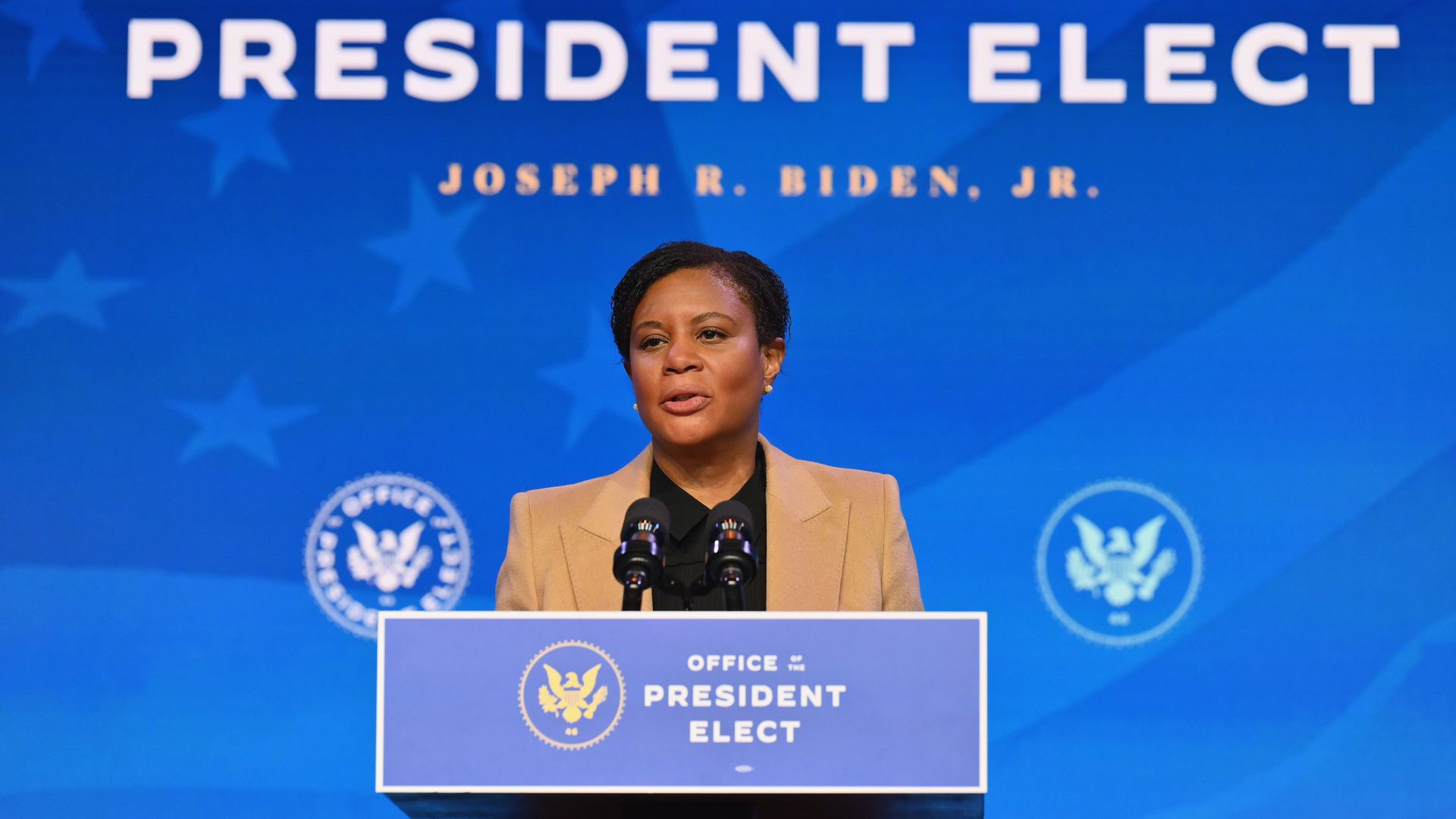 Alondra Nelson, the deputy director for science and society, speaking in Wilmington, Delaware, in January 2021.