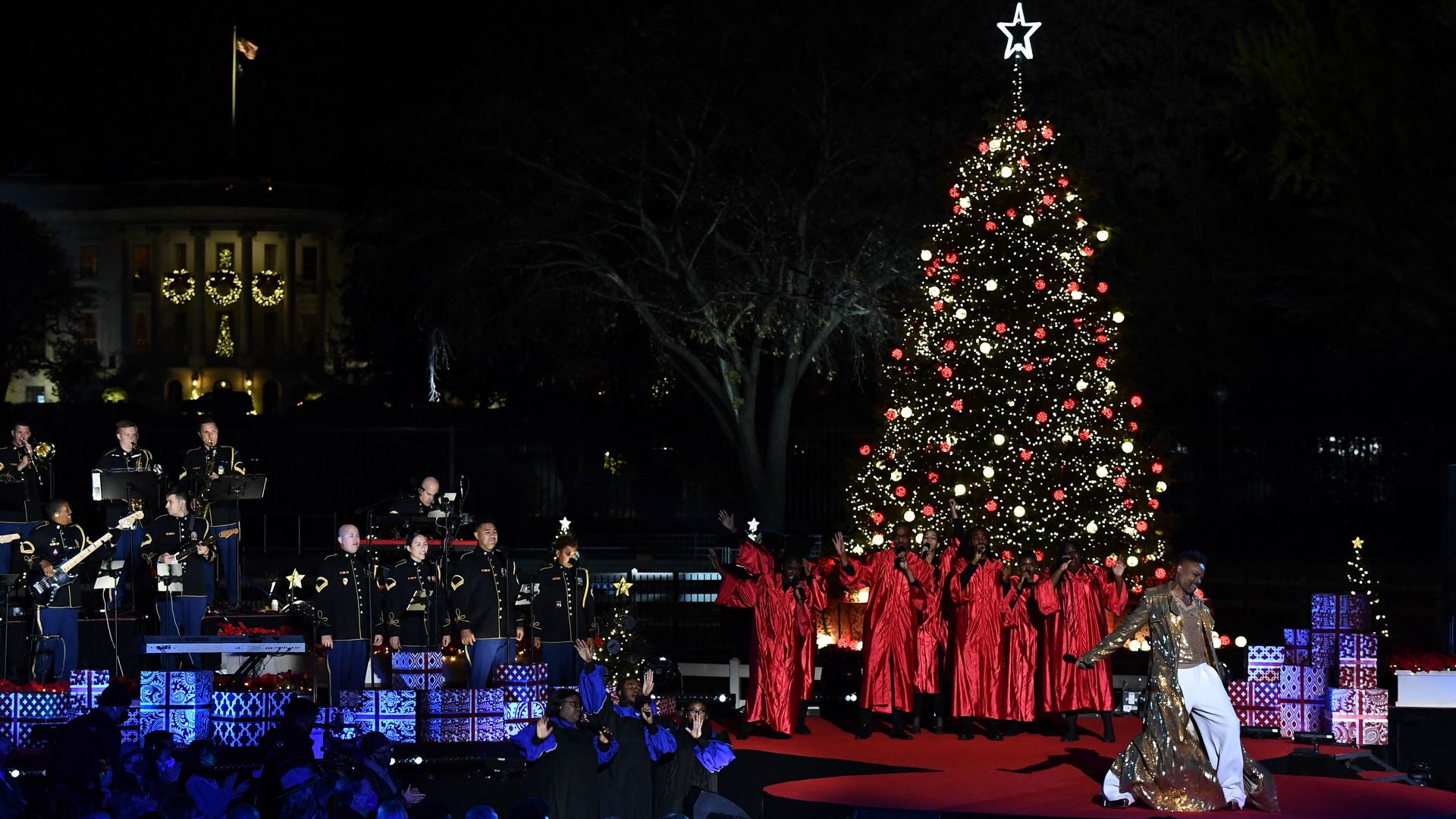 Actor Billy Porter is seen performing in front of the newly lit National Christmas Tree.
