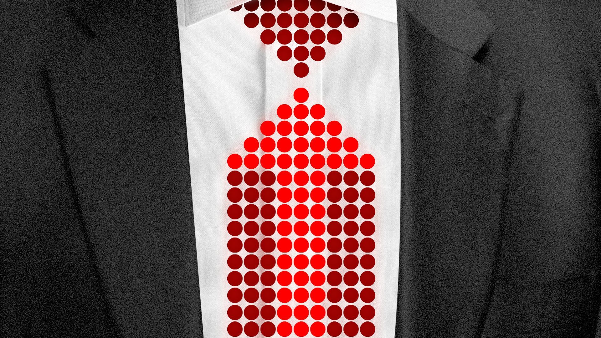 Illustration of a suit and tie with the tie made out of red digital dots with an arrow highlighted in the middle pointing upward
