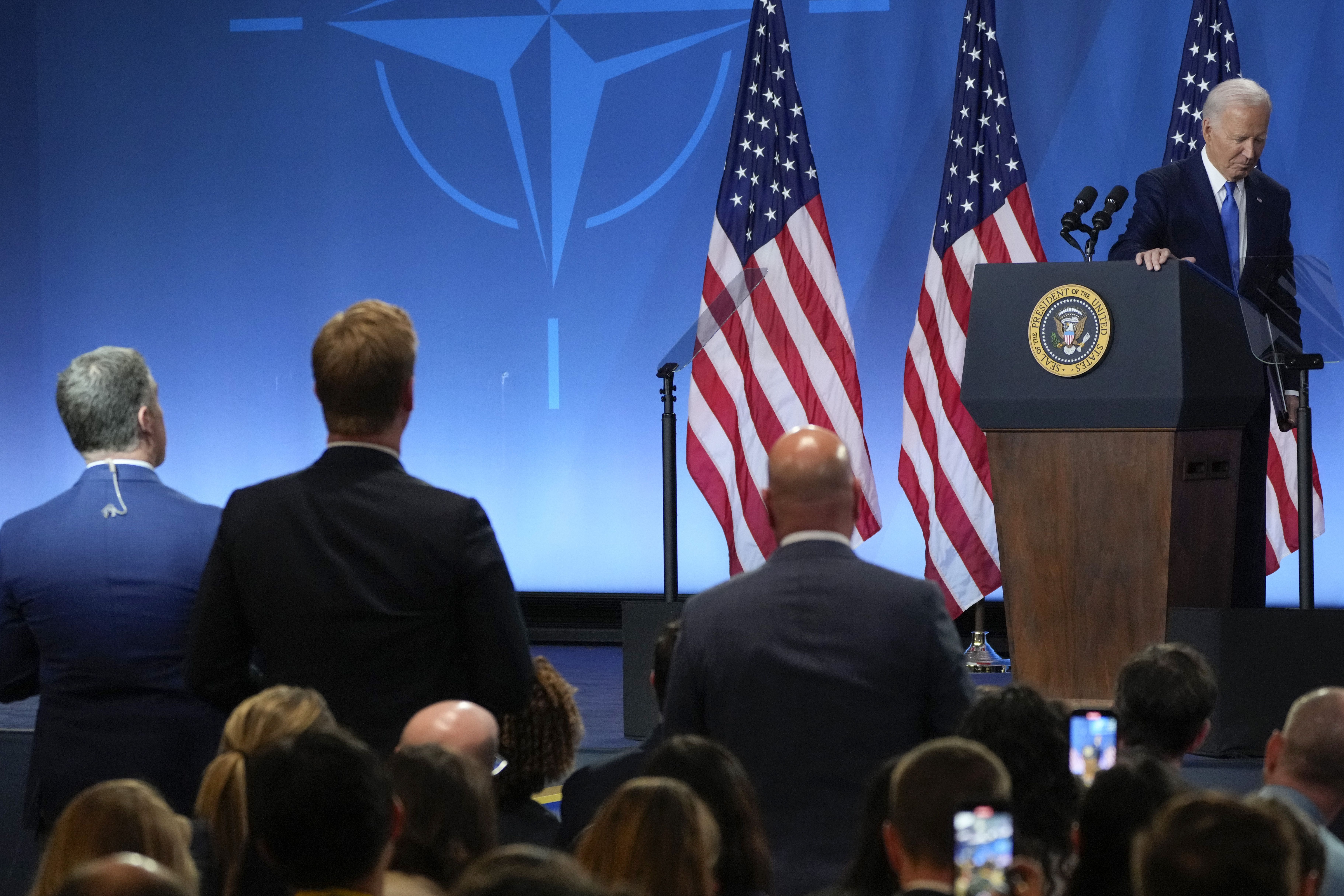 President Biden walks from the podium after his NATO press conference last week.