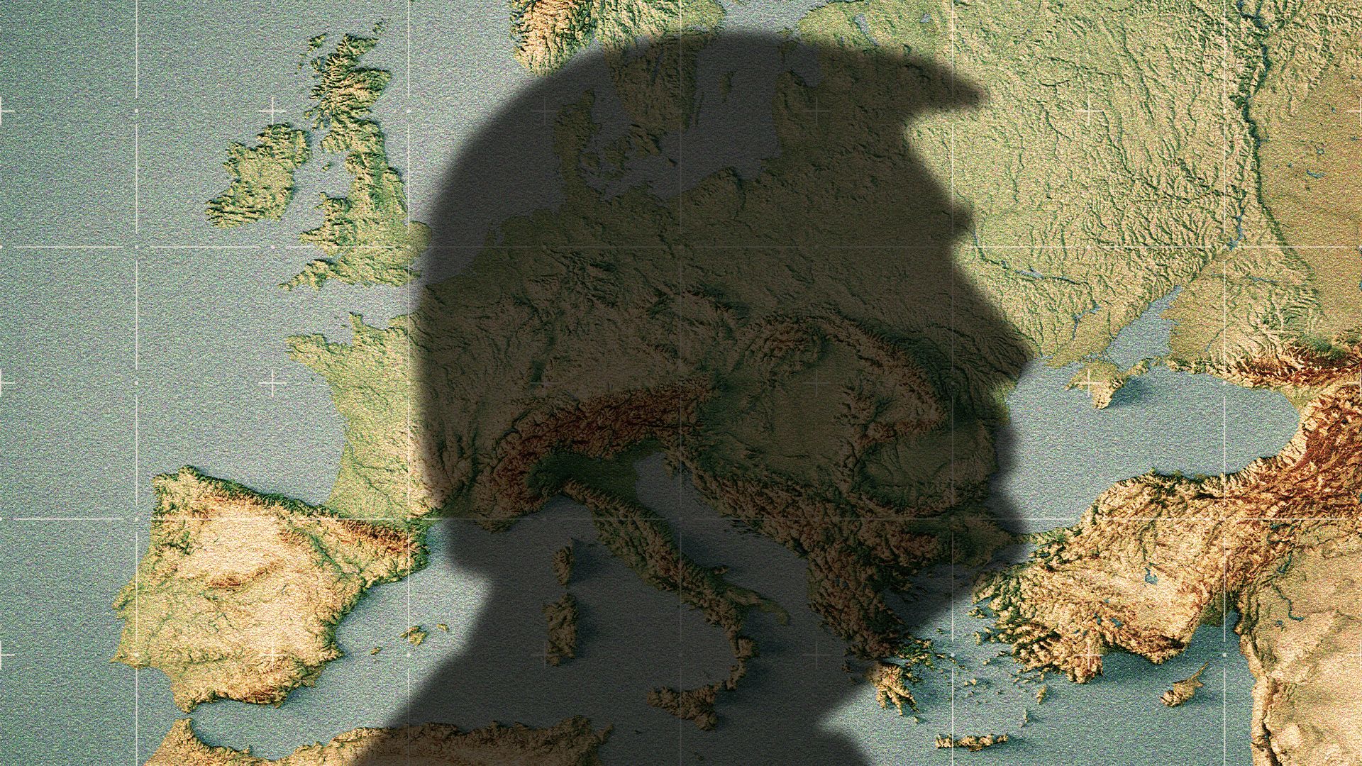 Illustration of President Trump's profile shadow overlaid across a map of Europe.
