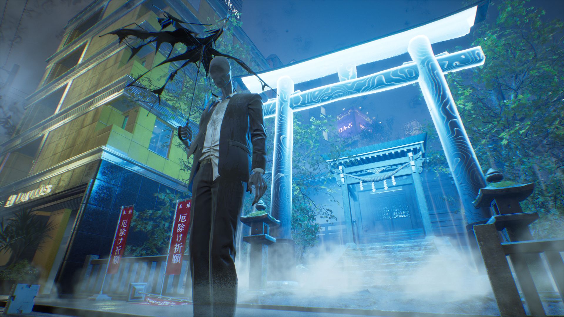 Video game screenshot of an otherworldly Tokyo at night, with a modern building next to a Tori gate. A faceless figure in a suit stands in the foreground holding a tattered umbrella.