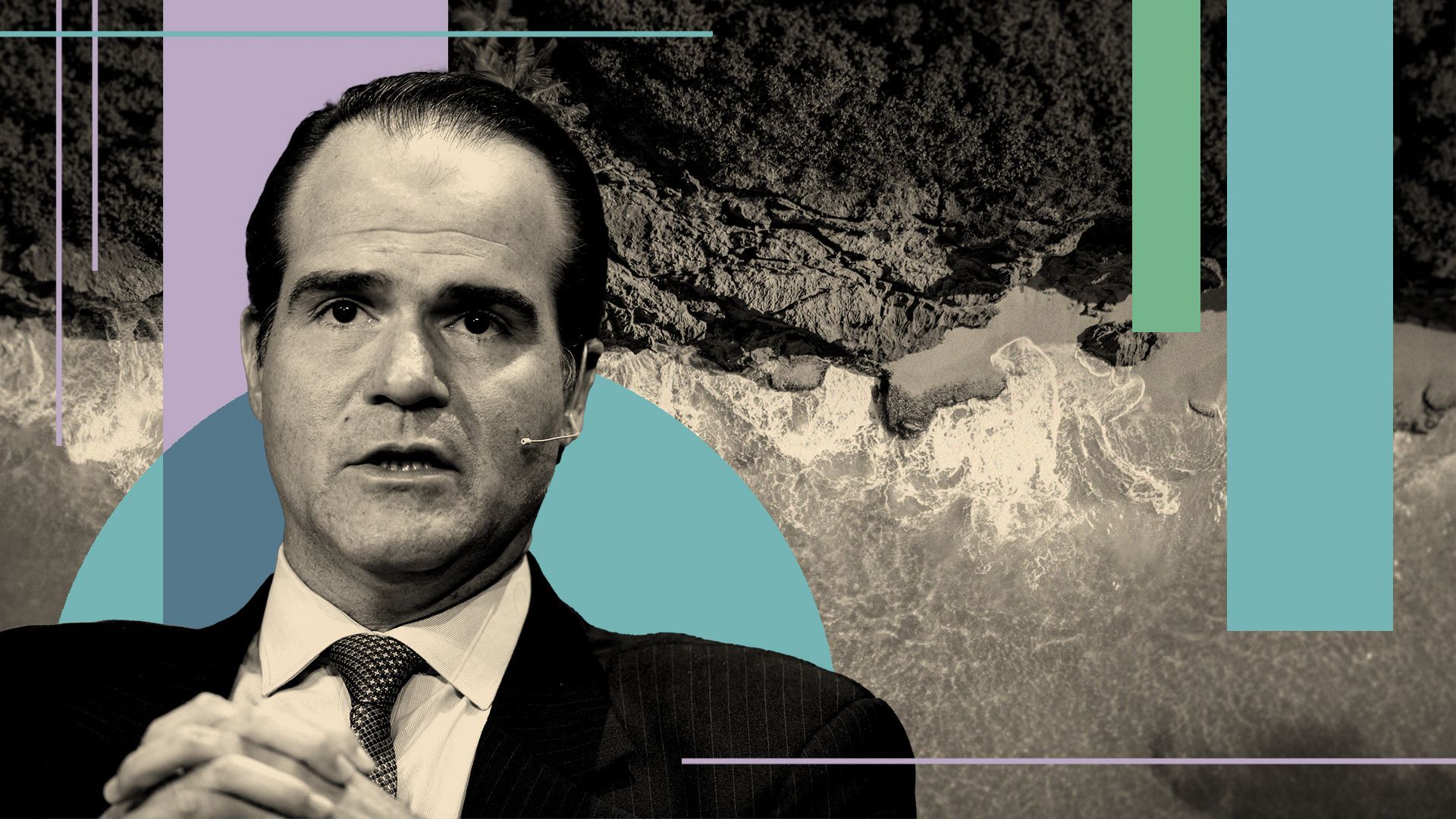 Illustration of Mauricio Claver-Carone with beach coast. 