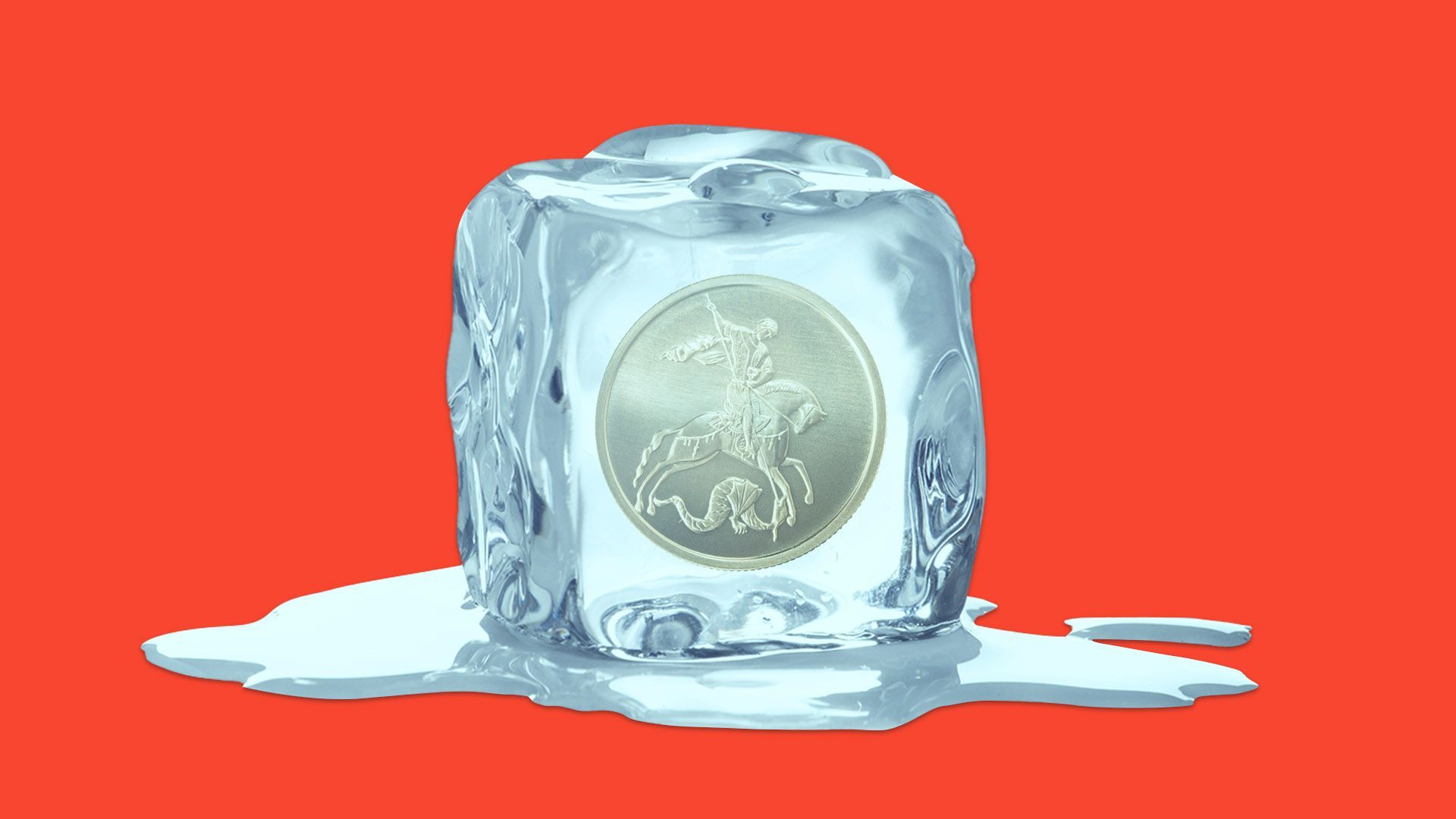 Illustration of a Russian coin frozen in a cube