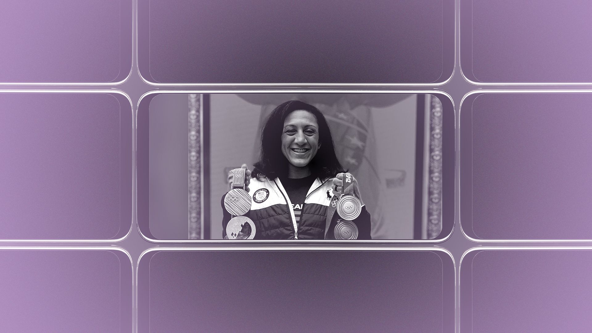 Photo illustration of a grid of smartphone screens, the center one showing an image of Elana Taylor.
