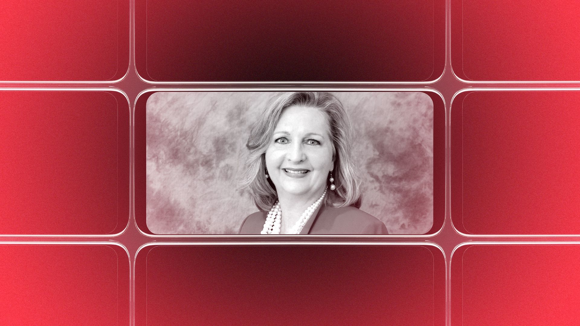 Photo illustration of a grid of smartphone screens, the center one showing an image of Trisha Cunningham.