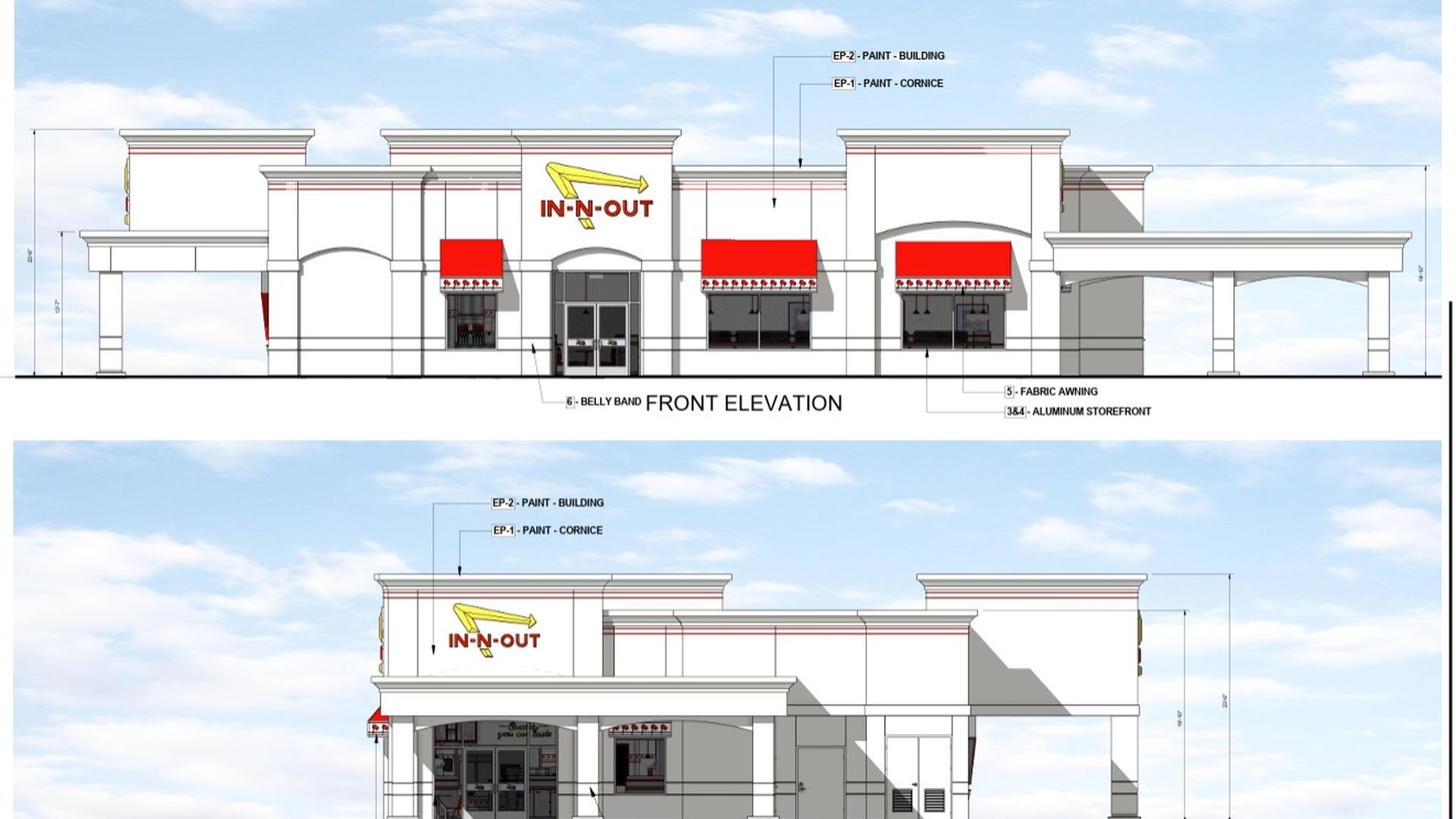 Architectural elevation drawings of an In-N-Out Burger building in Broomfield, CO, showing front and side views with white building, red fabric awnings, and yellow logo on a partly cloudy sky background.