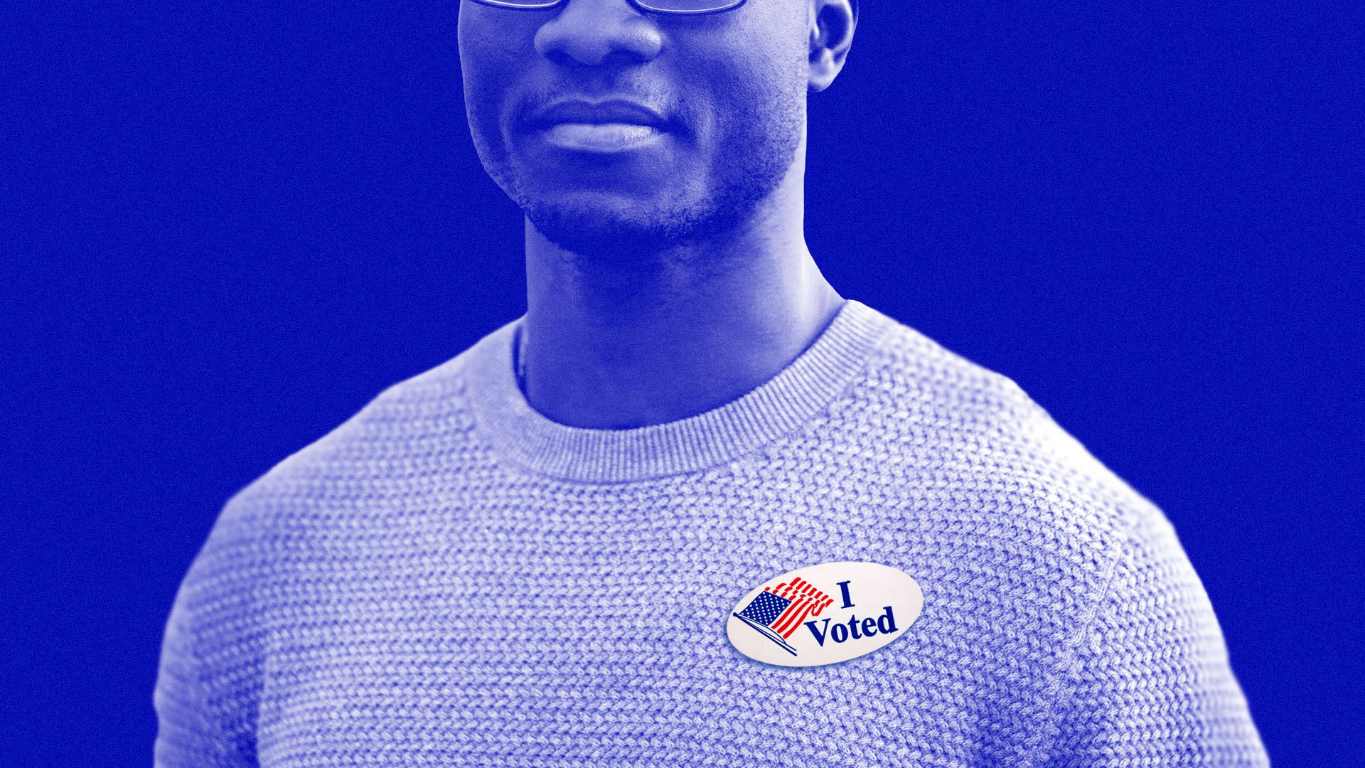  Illustration of an African American man on a blue background wearing an I voted sticker