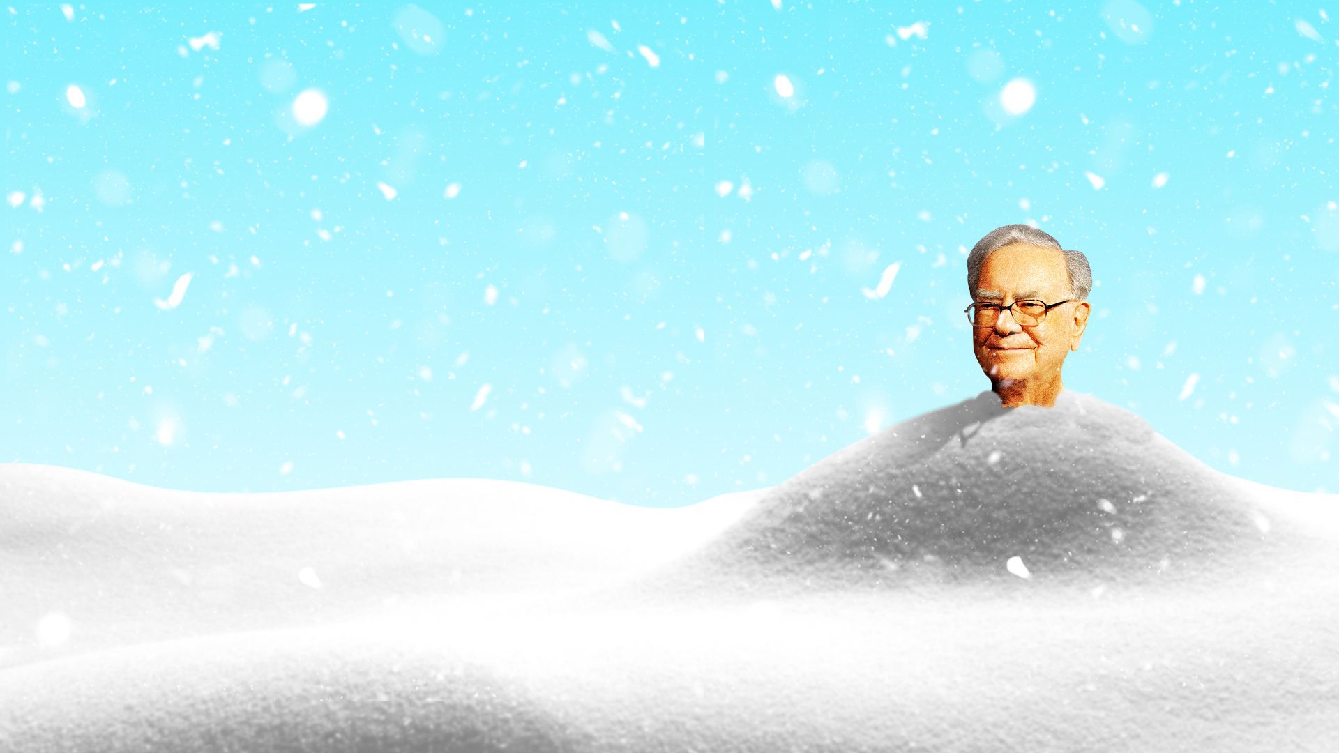 Photo illustration of Warren Buffet's head popping out of a pile of snow. 