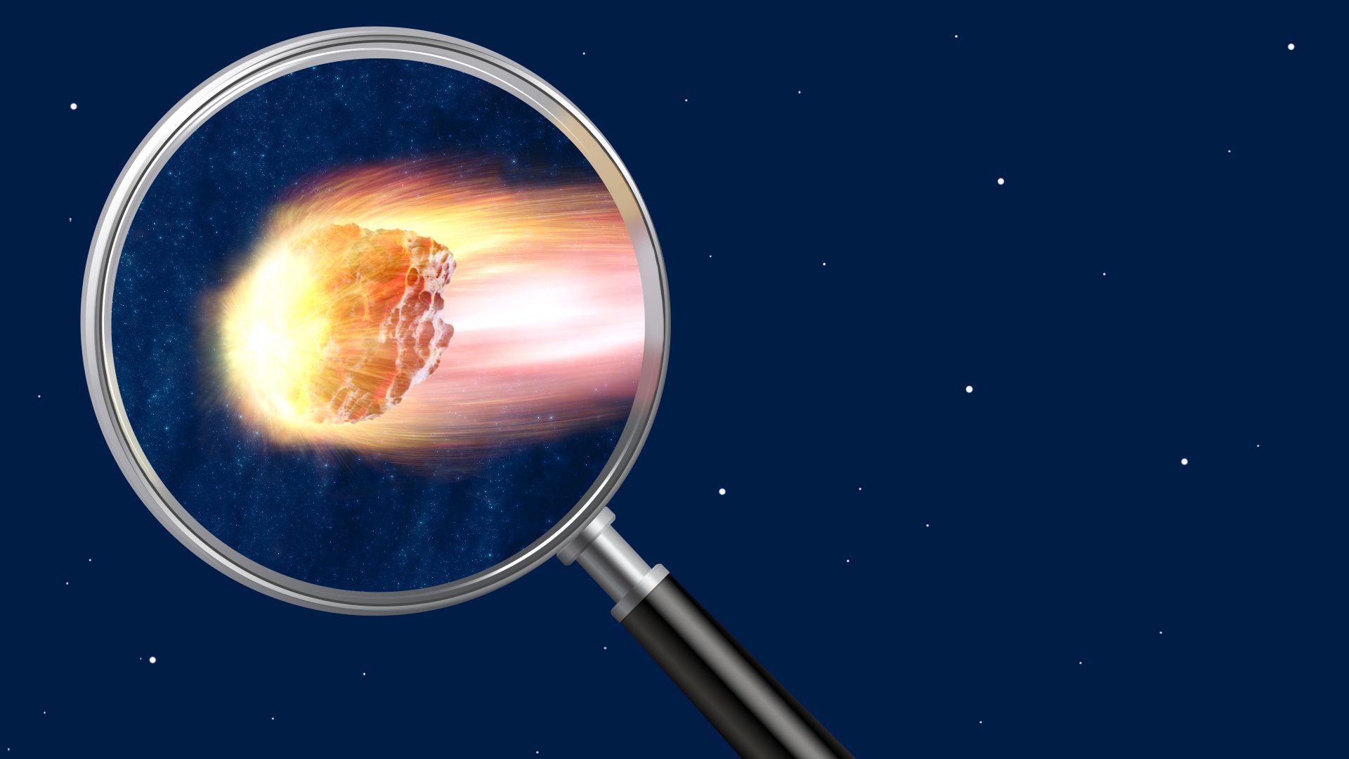 Illustration of a magnifying glass pointed towards space, magnifying a meteor