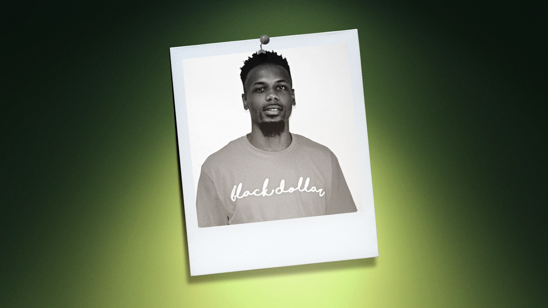 Photo illustration of Johnny Hackett Jr. in the center of a Polaroid photo under a green spotlight.