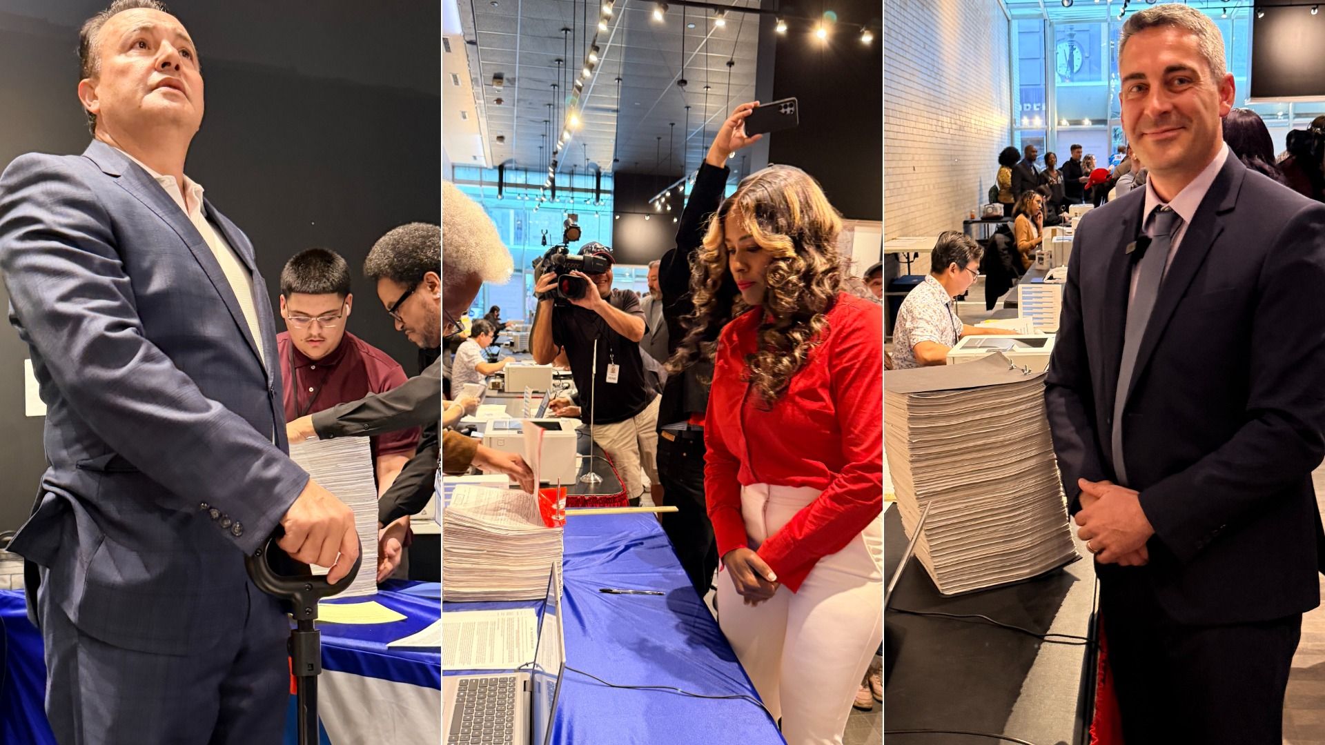 Triptych at a busy event: left man in a blue suit looks up, middle woman in red with curled hair poses as a photographer shoots, right man in dark suit stands beside a tall stack of papers.