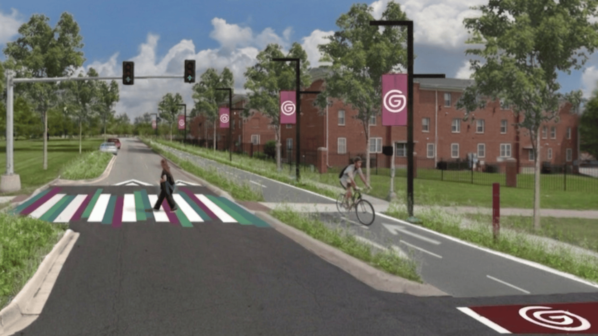 A GIF shows four renderings of different designs for the Greenline, with a common "G" design element across different colors and wayfinding elements in separate parts of town.