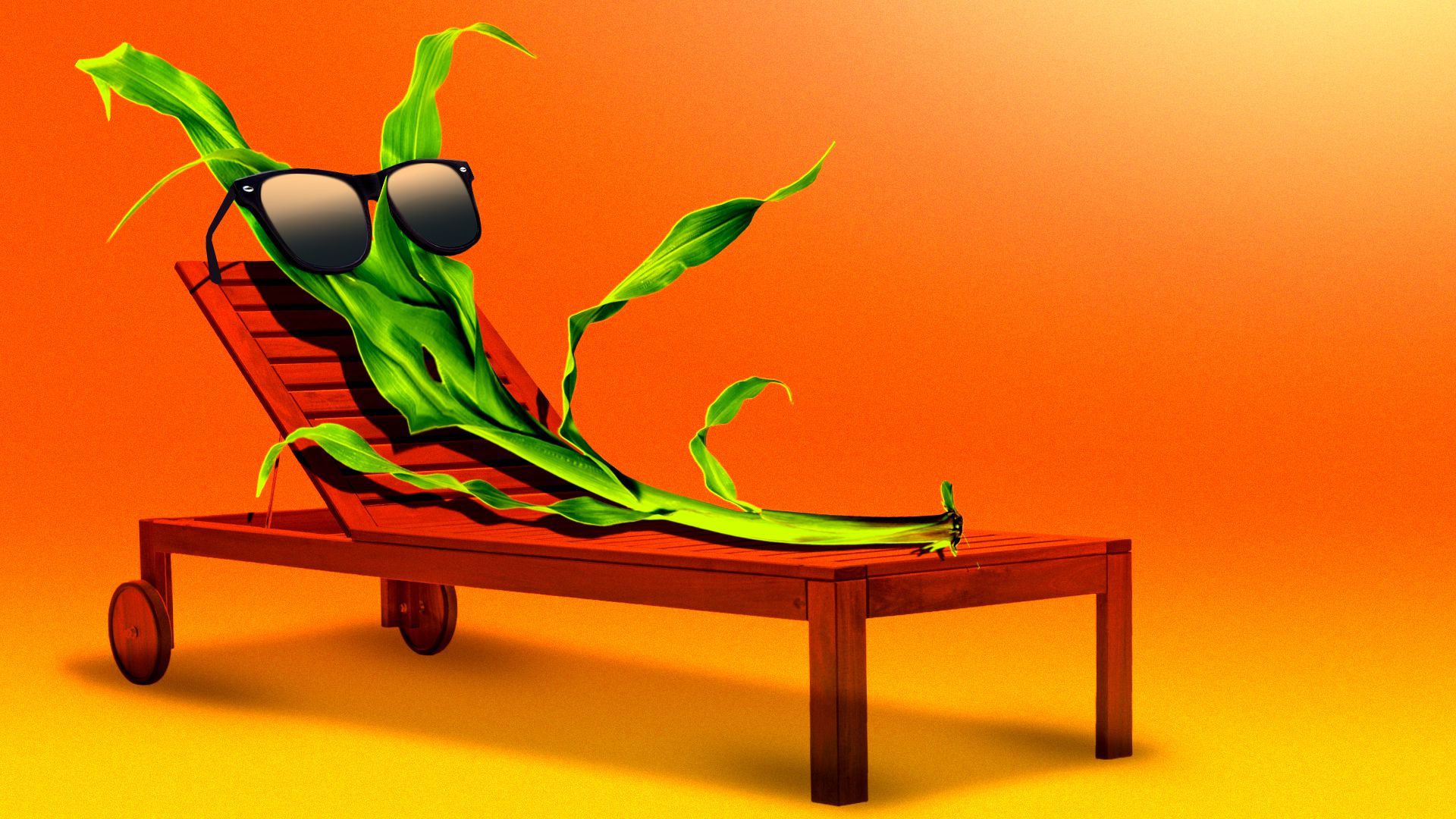 Illustration of a maize plant wearing sunglasses and reclining on a lounge chair under a bright sun