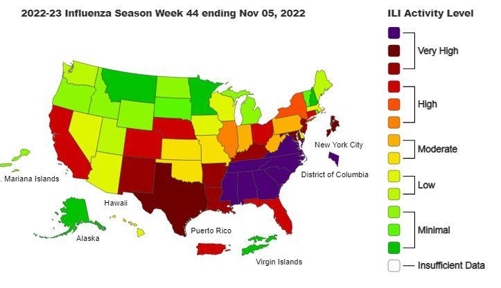 A map of states with the highest rates of influenza-like illnesses, with North Carolina showing a "very high" rate