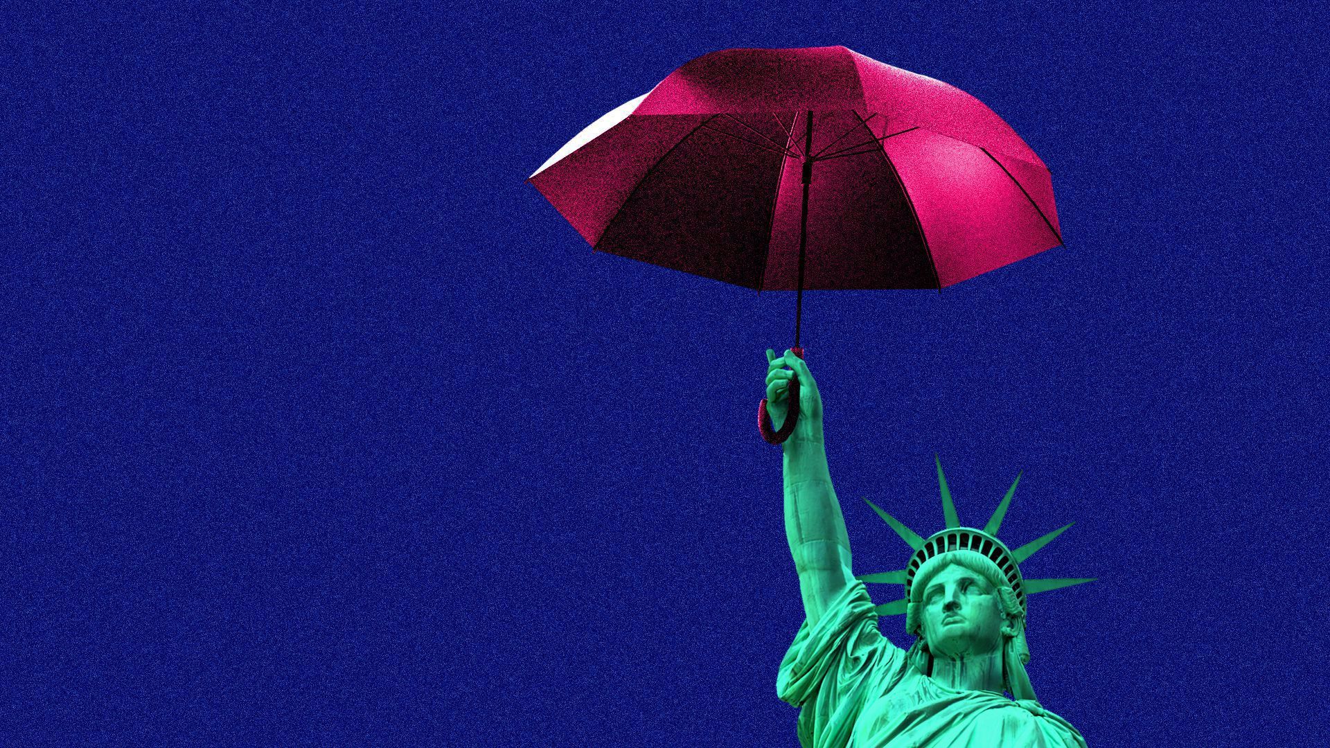An illustration of the statue of liberty holding an umbrella. 