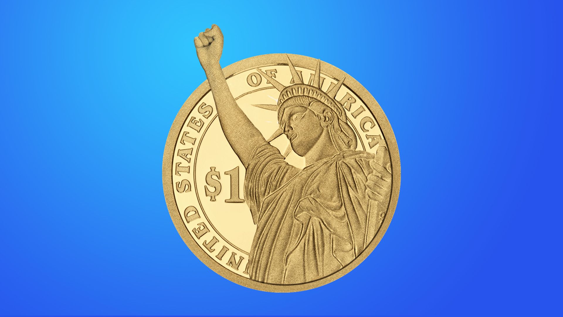 Illustration of the back of a $1 coin with the statue of liberty making a fist.   