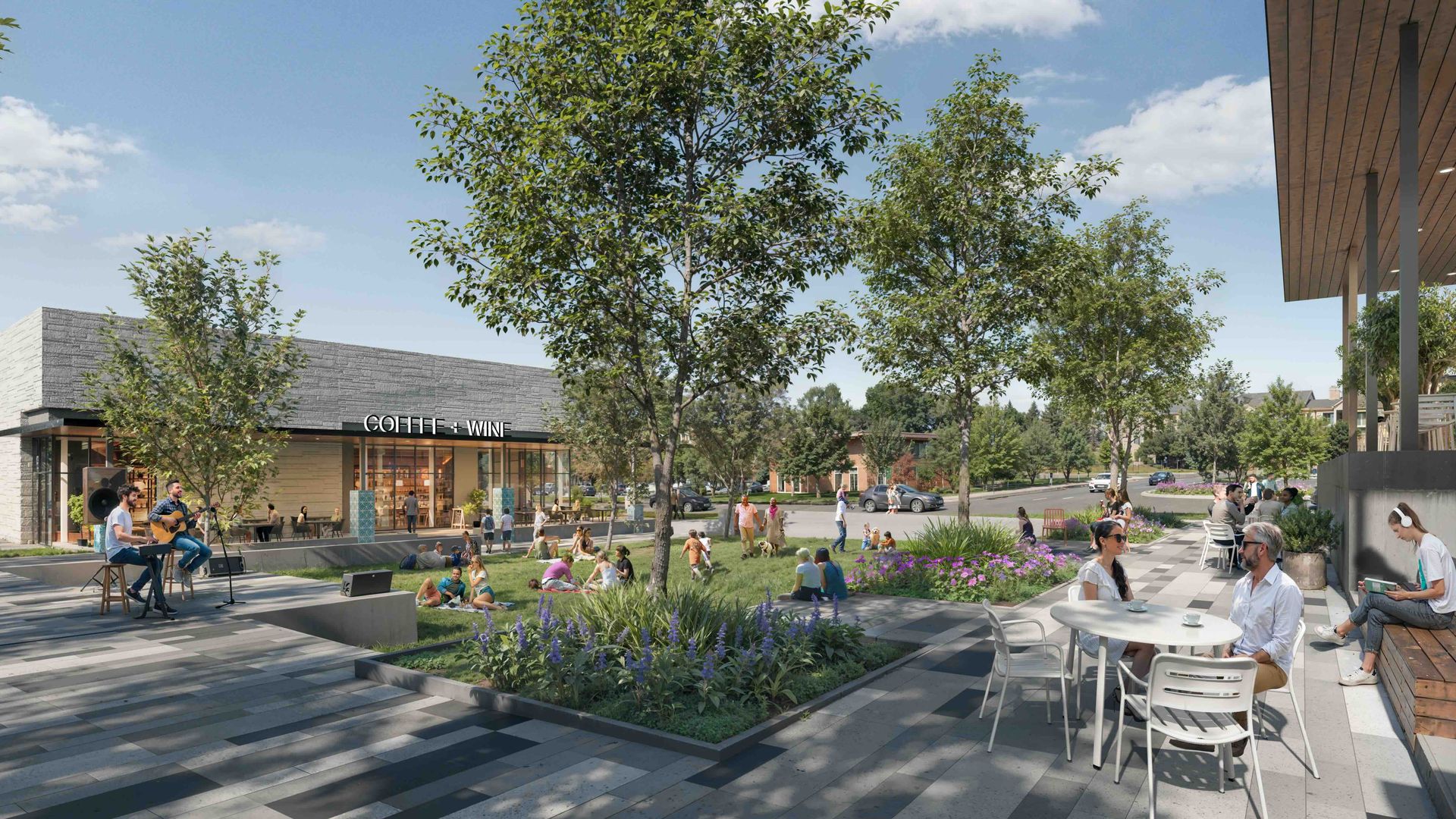 Outdoor scene with people enjoying a sunny day at a plaza with a coffee and wine shop, live musicians, green trees, flowers, and seating areas under a blue sky with clouds.
