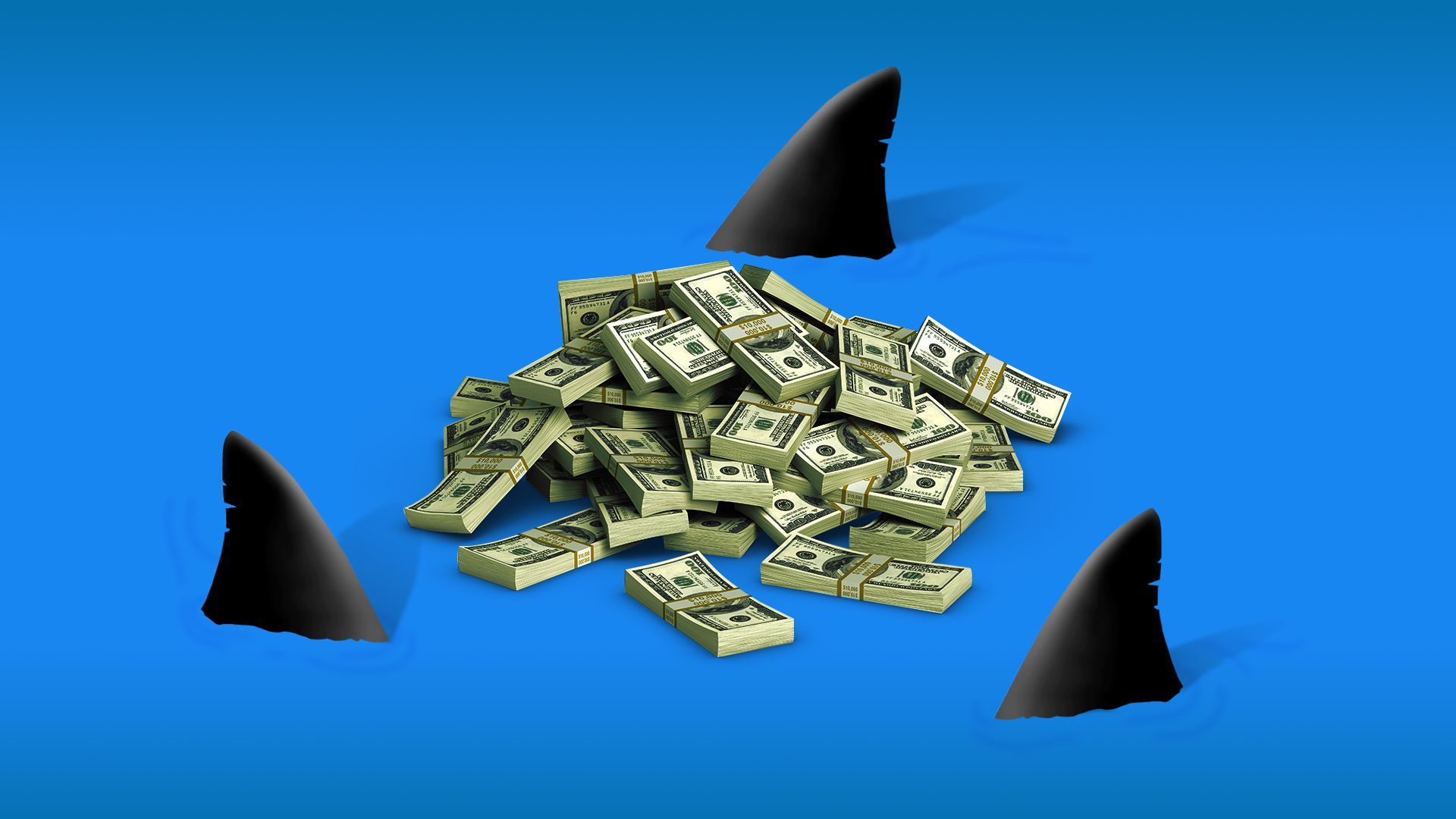 Illustration of sharks circling a pile of money. 