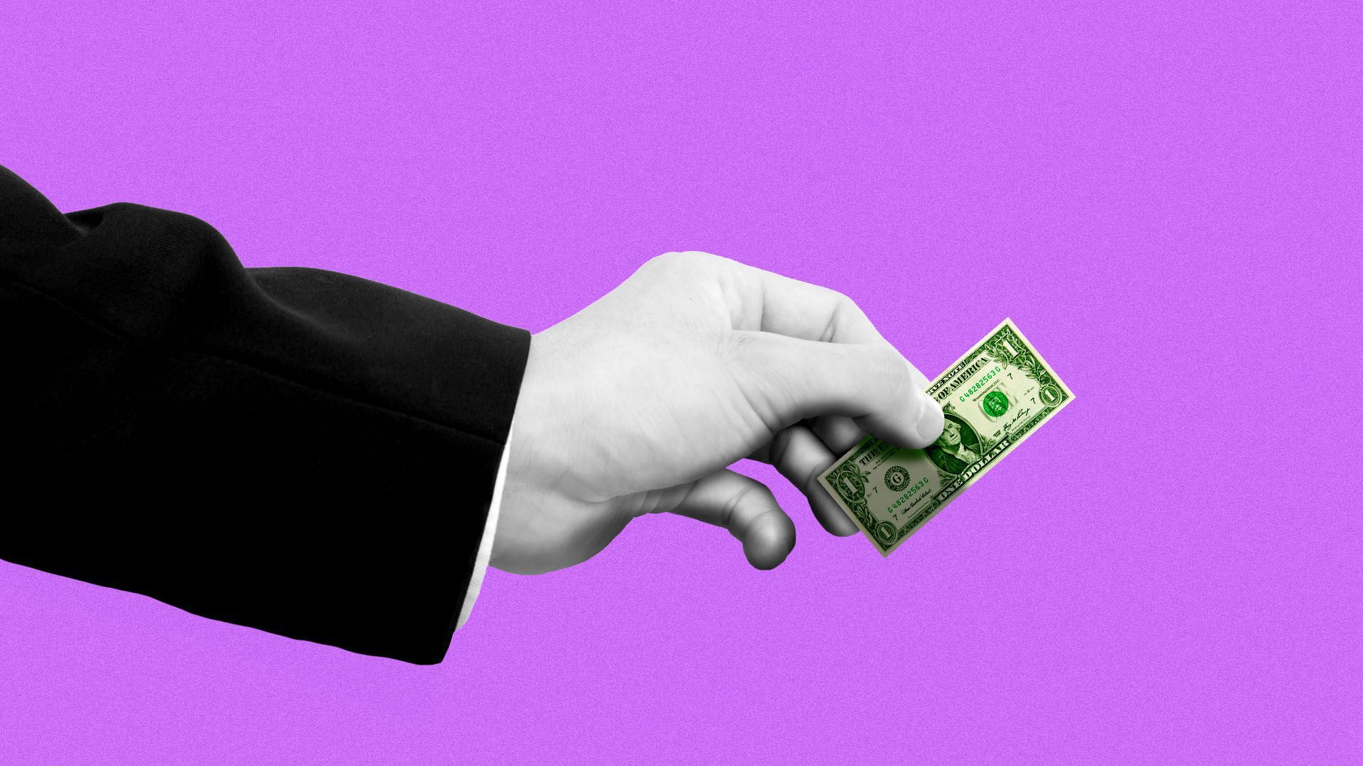 Illustration of a hand in a suit handing out a tiny dollar