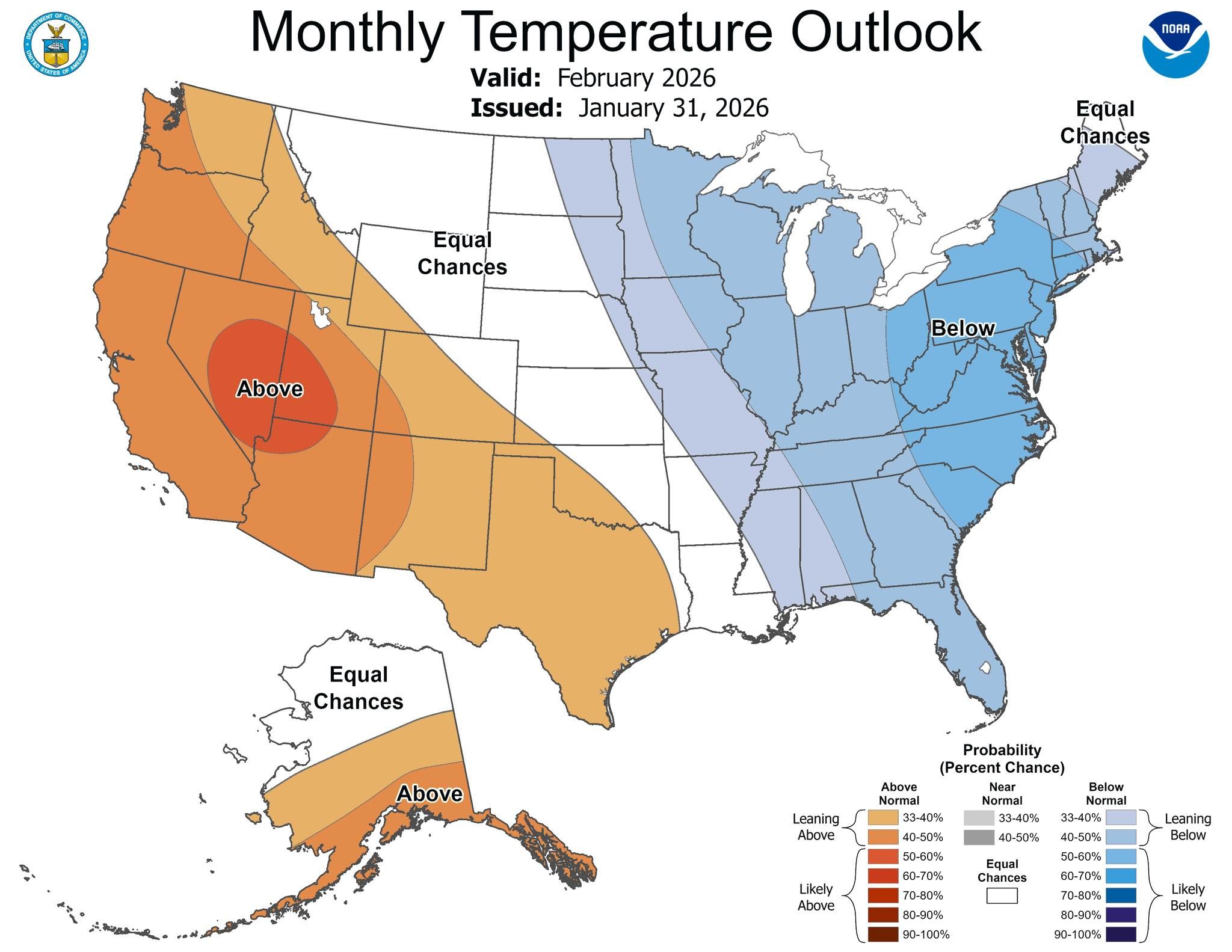 Monthly Temperature Outlook for February 2026. Above-normal temps in the West (orange area marked Above), below-normal in the East (blue), and equal chances in central U.S. (white).