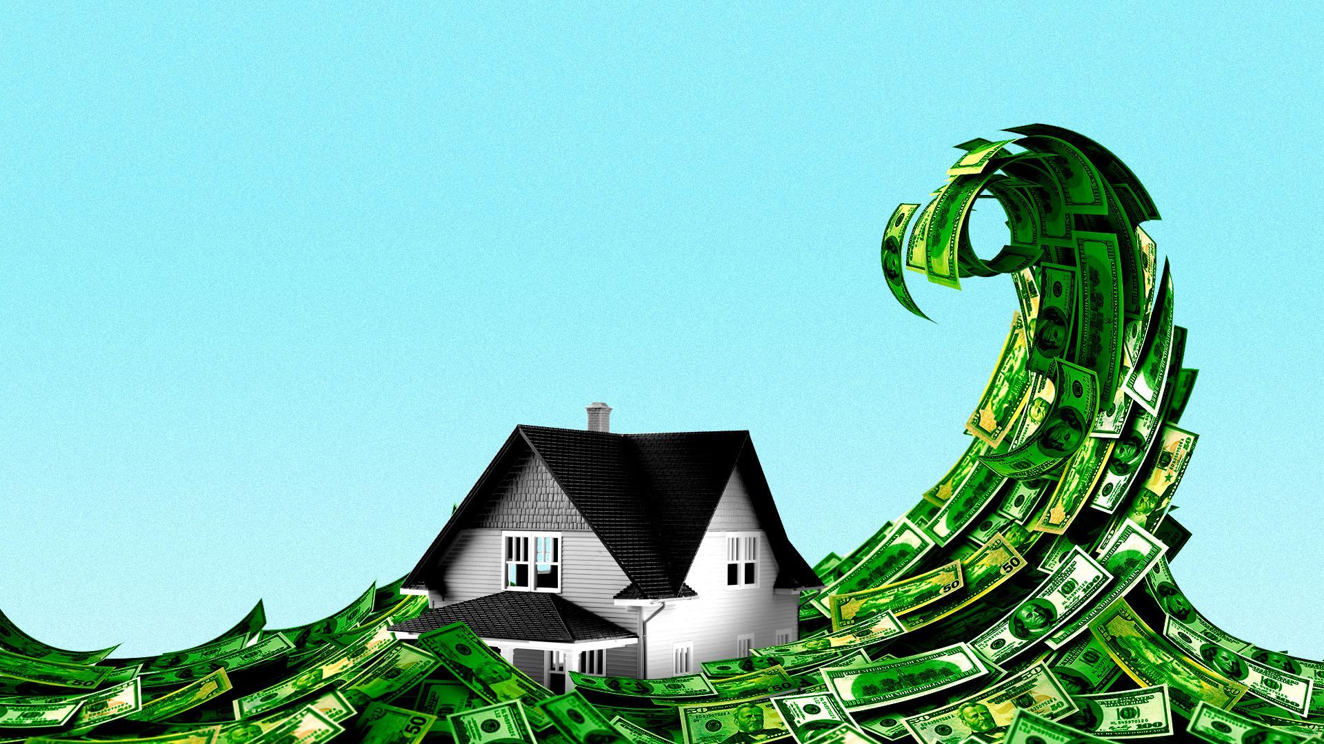 Illustration of a wave of money overtaking a house. 