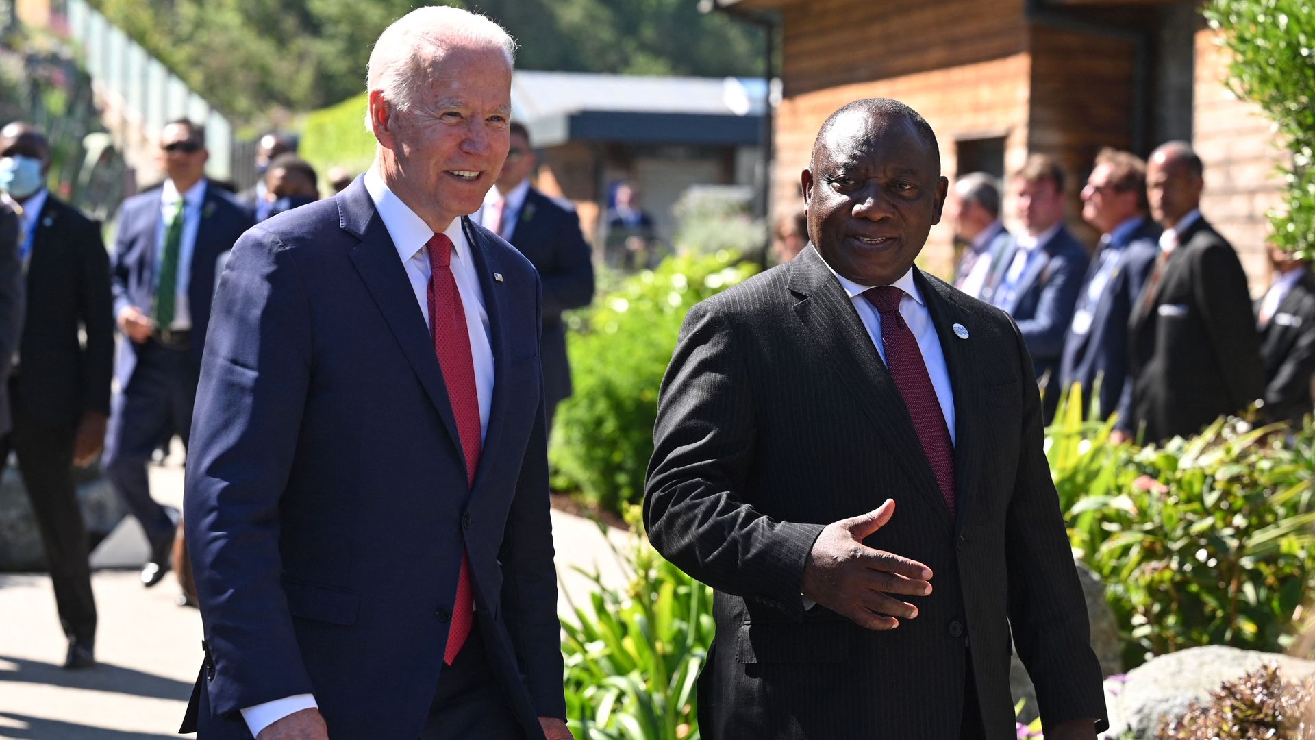 President Biden speaks with South African President Cyril Ramaphosa at last year's G-7 summit. Photo: Leon Neal/Getty Images