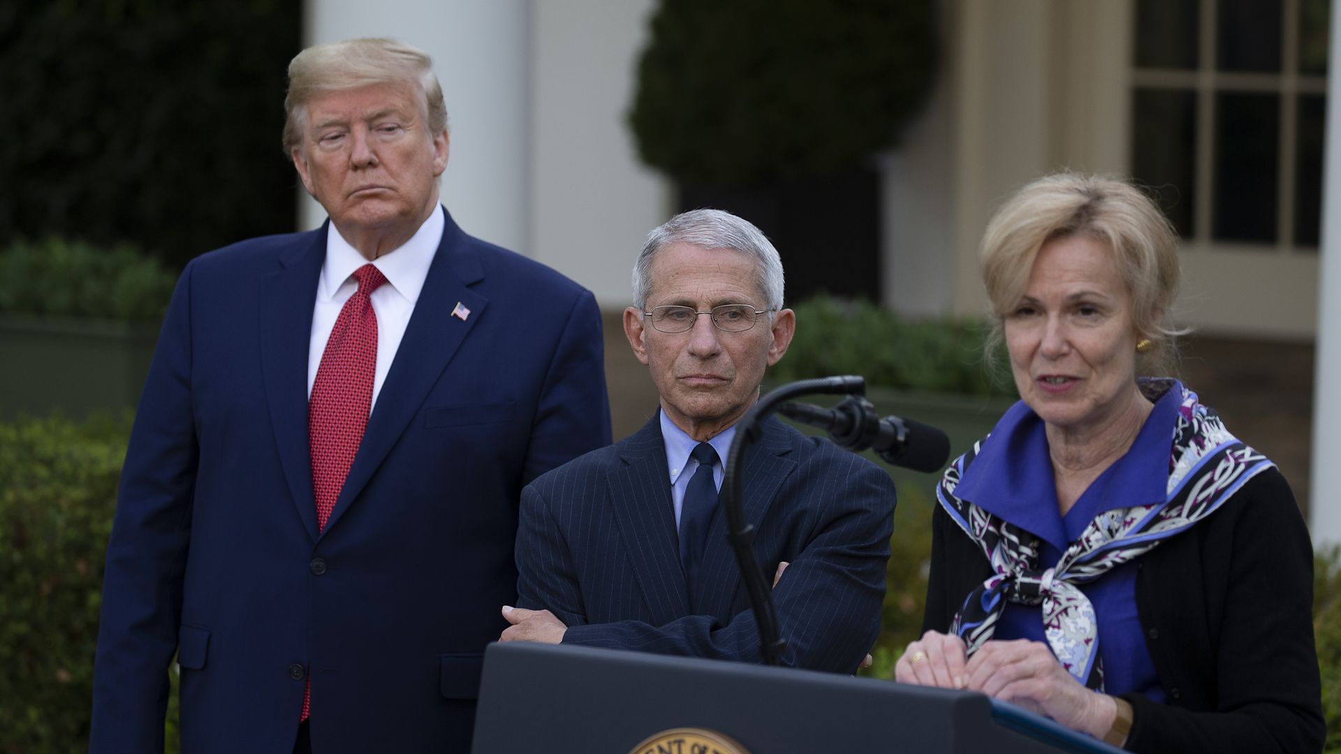 Then-President Donald Trump and Dr. Anthony Fauci listen to White House coronavirus response coordinator Deborah Birx speak  at the White House on March 29, 2020 in Washington, DC. 