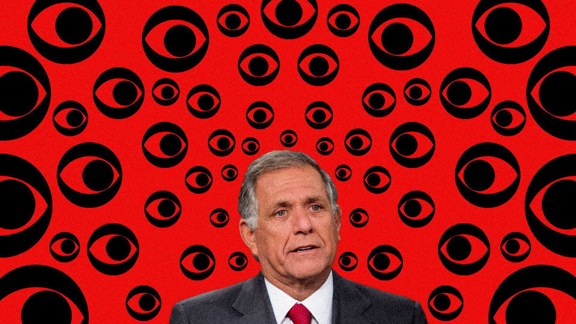 Image of former CBS CEO Les Moonves against a backdrop of CBS logos