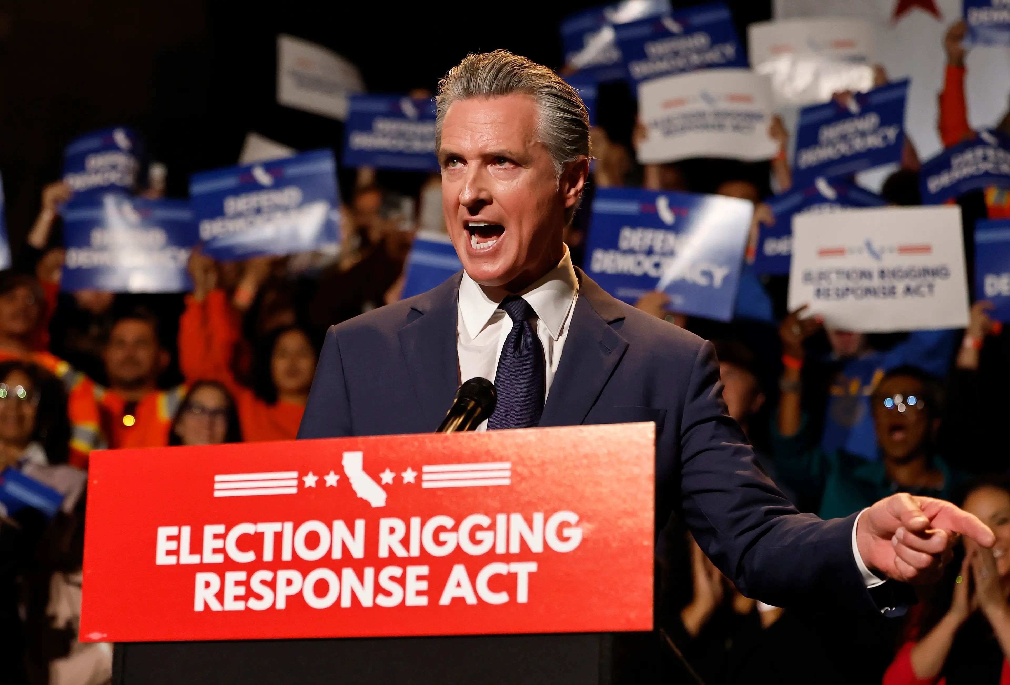 California Gov. Gavin Newsom speaks about his redistricting plans at a rally in Los Angeles last week. Photo: Mario Tama/Getty Images