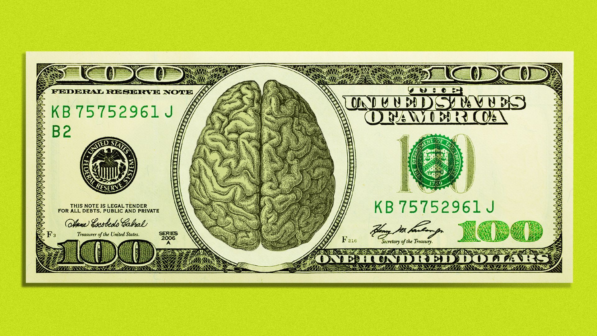 Illustration of a hundred dollar bill with a brain in place of Benjamin Franklin