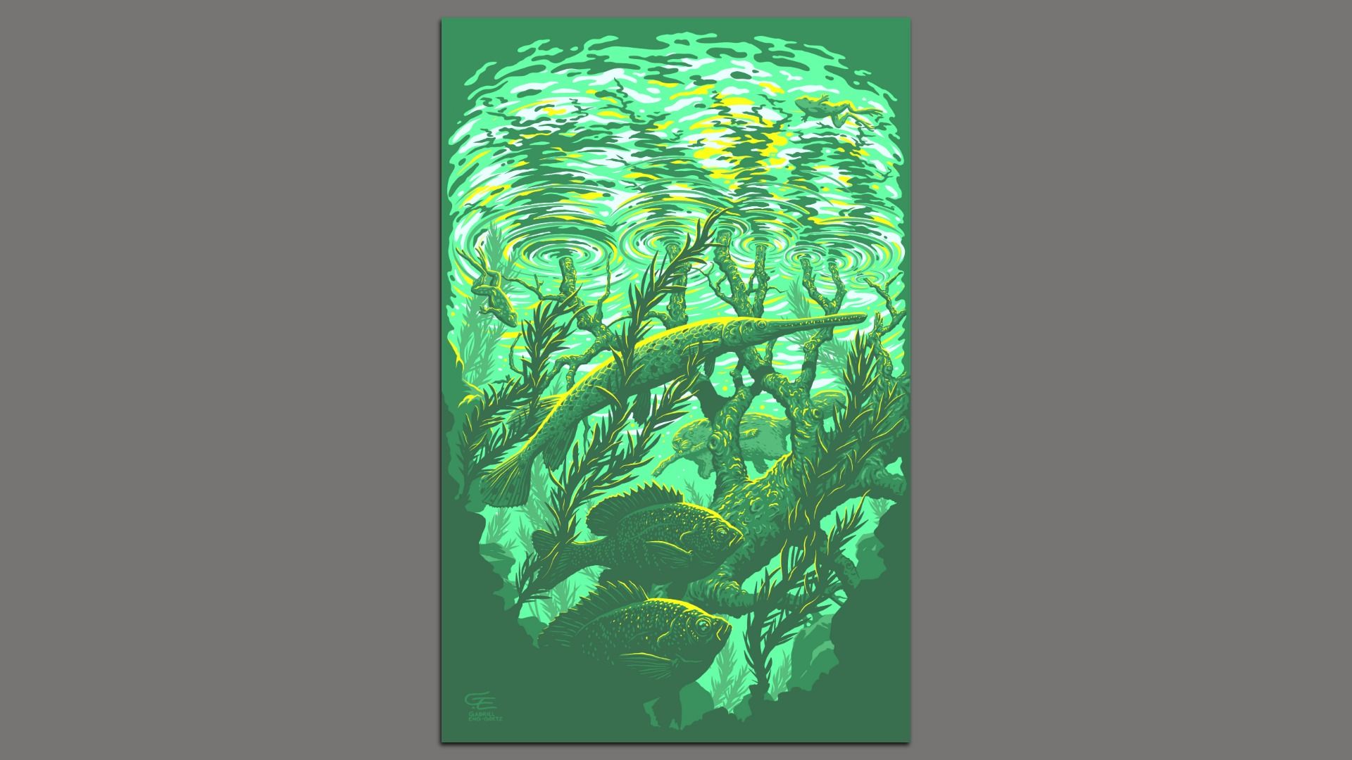 Underwater green poster with swirling lime and teal water above dense seaweed. A long-snouted fish swims among plants, with other fish and coral silhouettes filling the scene.