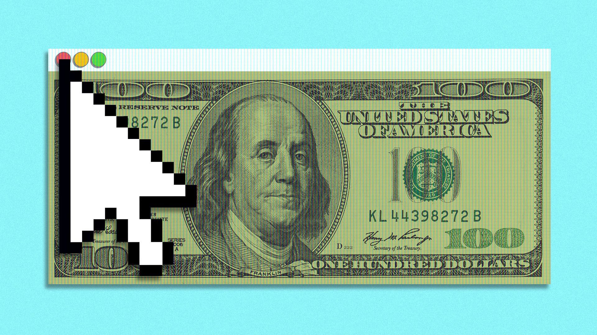 Illustration of a browser window about to be closed by a cursor with a hundred dollar bill in it