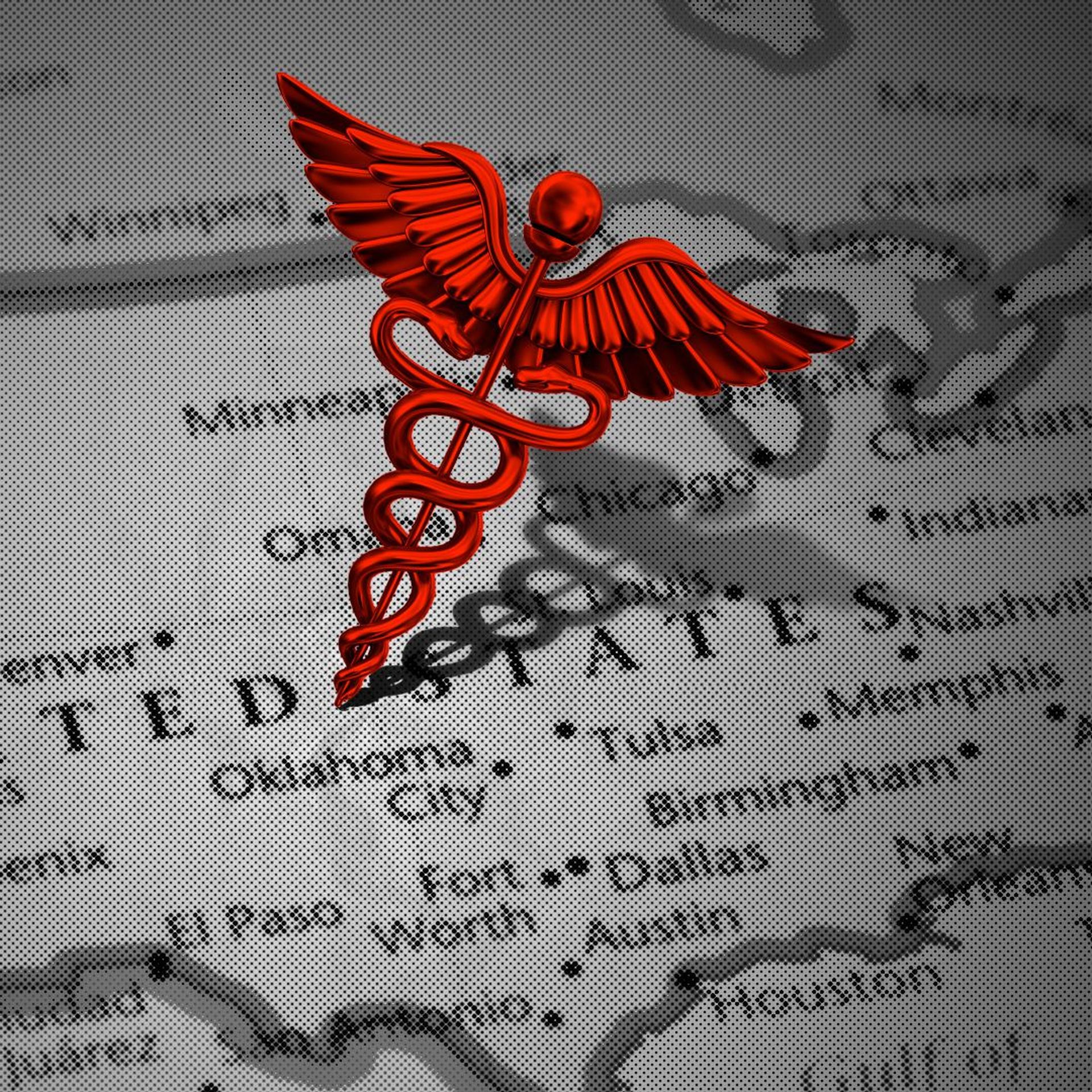 Illustration of a caduceus spearing a map of the United States.