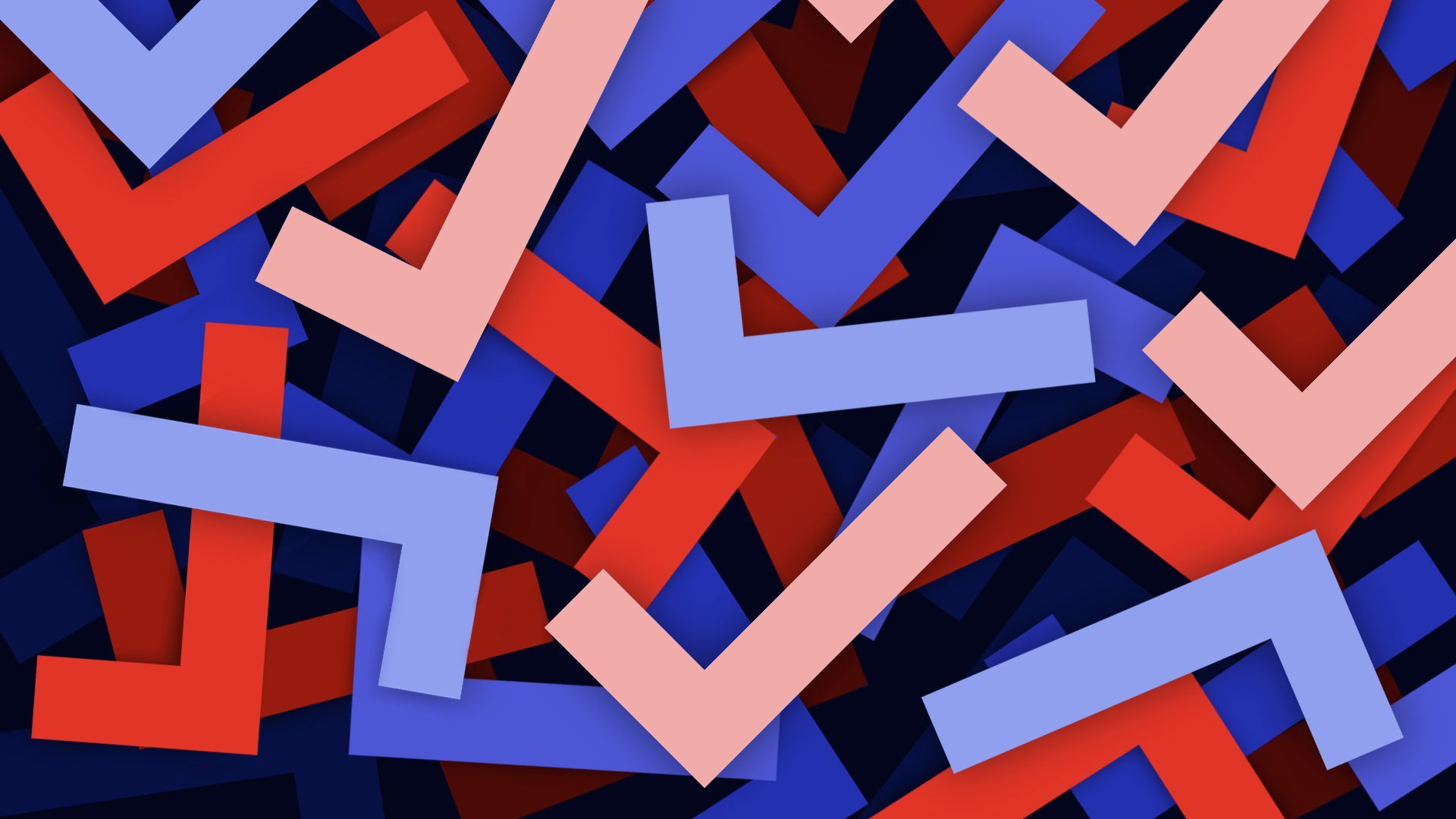 Illustration of blue and red check marks arranged chaotically in layers.