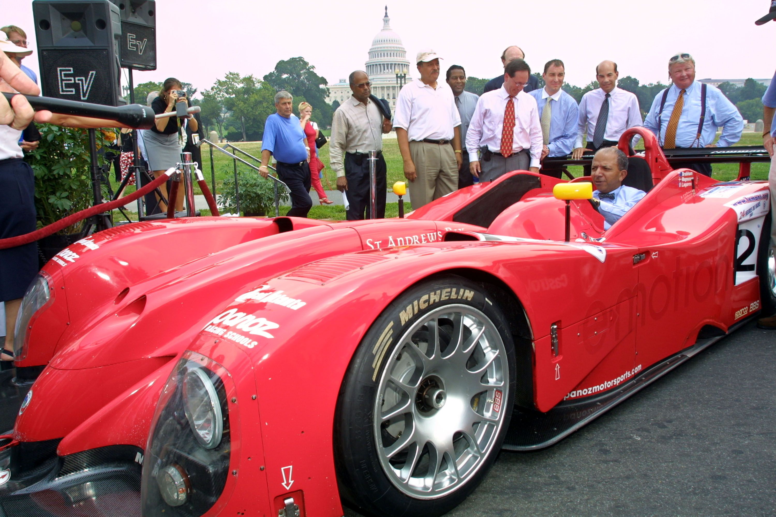 A picture from 2001, with then-mayor Anthony Williams sitting in a race car with the U.S. Capitol in the background, at the announcement of a Grand Prix racing agreement