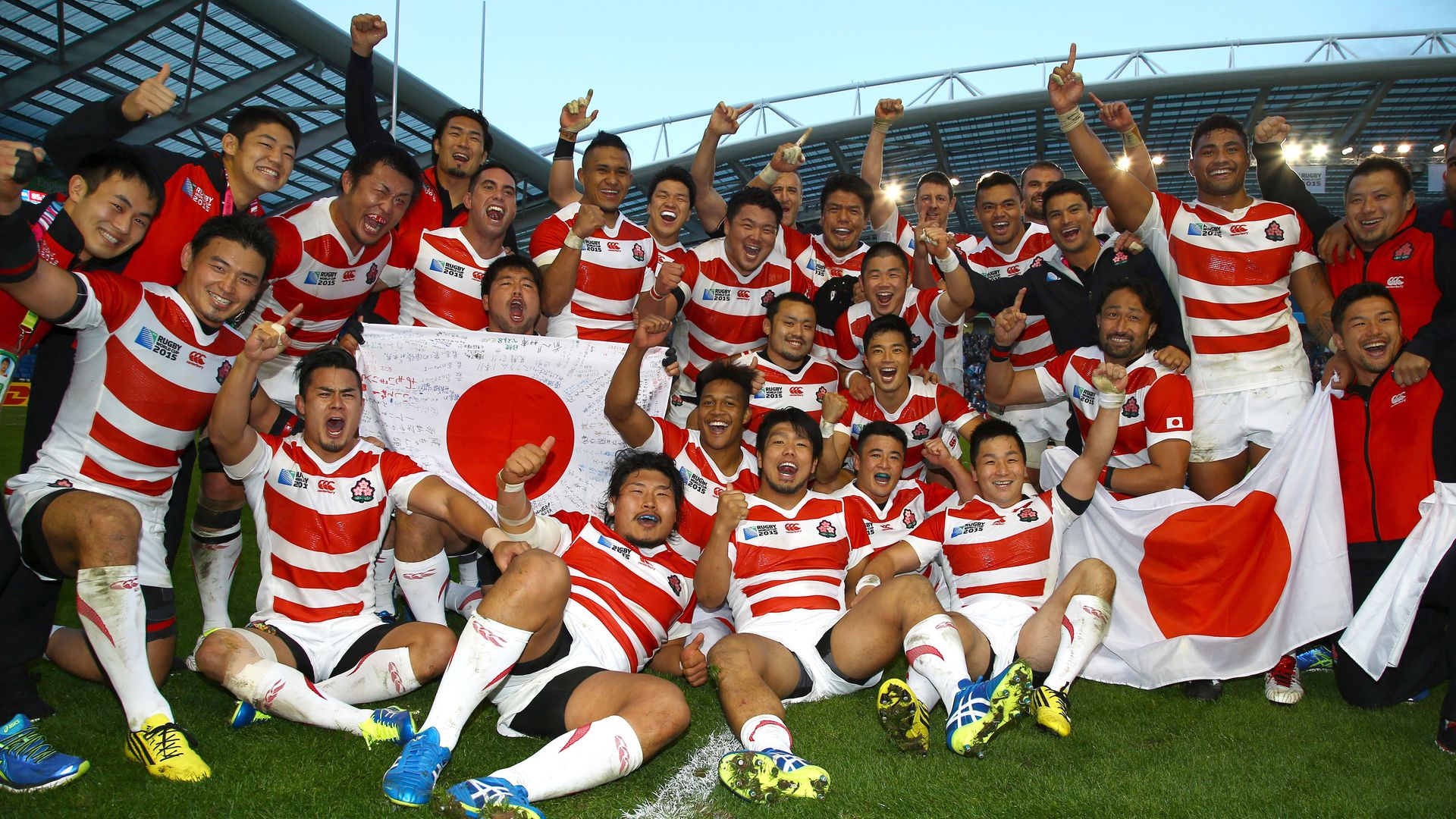 Japanese rugby team after beating South Africa