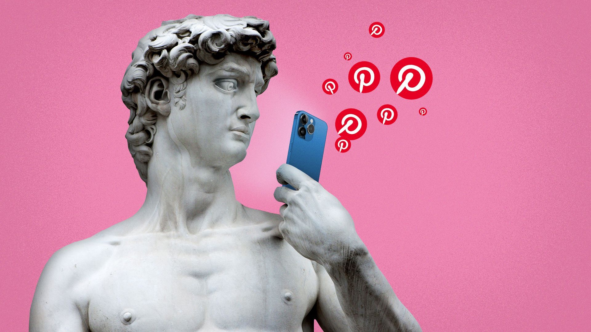 Illustration of the marble statue of David holding a smartphone, with floating red Pinterest logos.