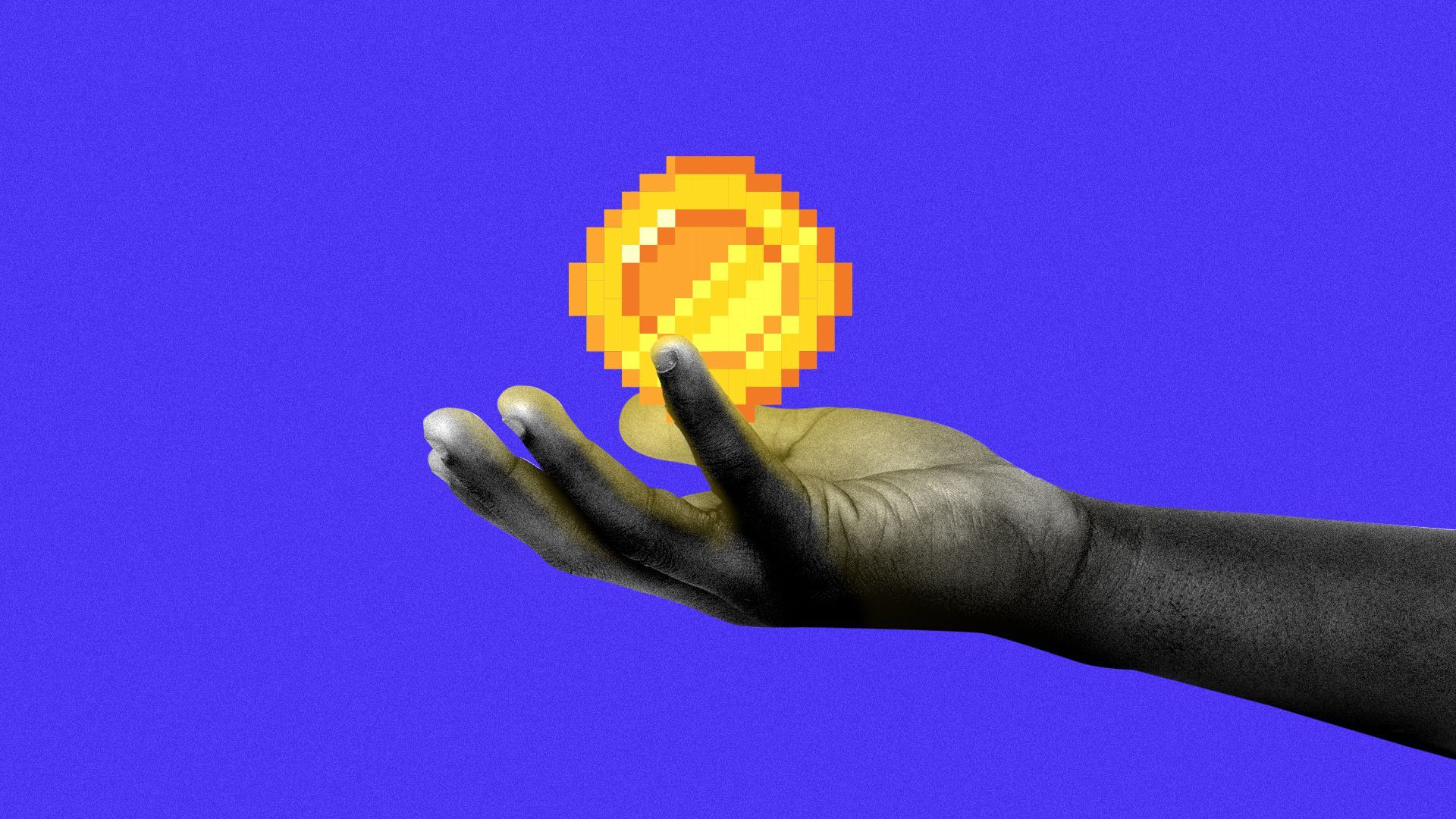 Animated illustration of a hand holding a rotating glowing golden pixel coin.