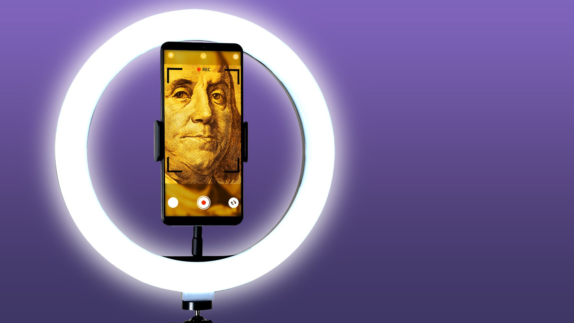 A smartphone mounted in front of a bright white ring light on a purple gradient background, displaying a yellow-tinted close-up of a face from a US dollar bill on the screen.