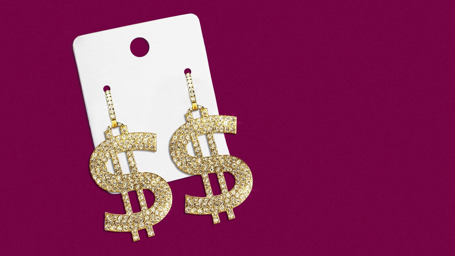 an illustration of gold and diamond money sign shaped earrings on a paper backing 