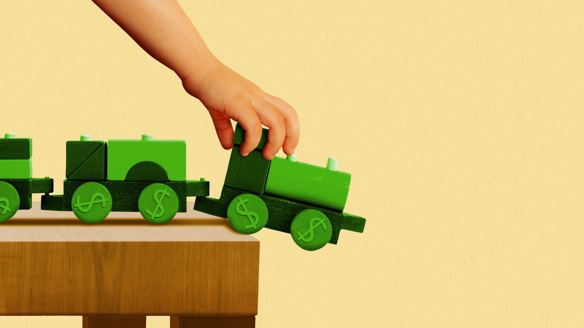 Illustration of a child guiding a green toy train with dollar sign wheels off the edge of a table