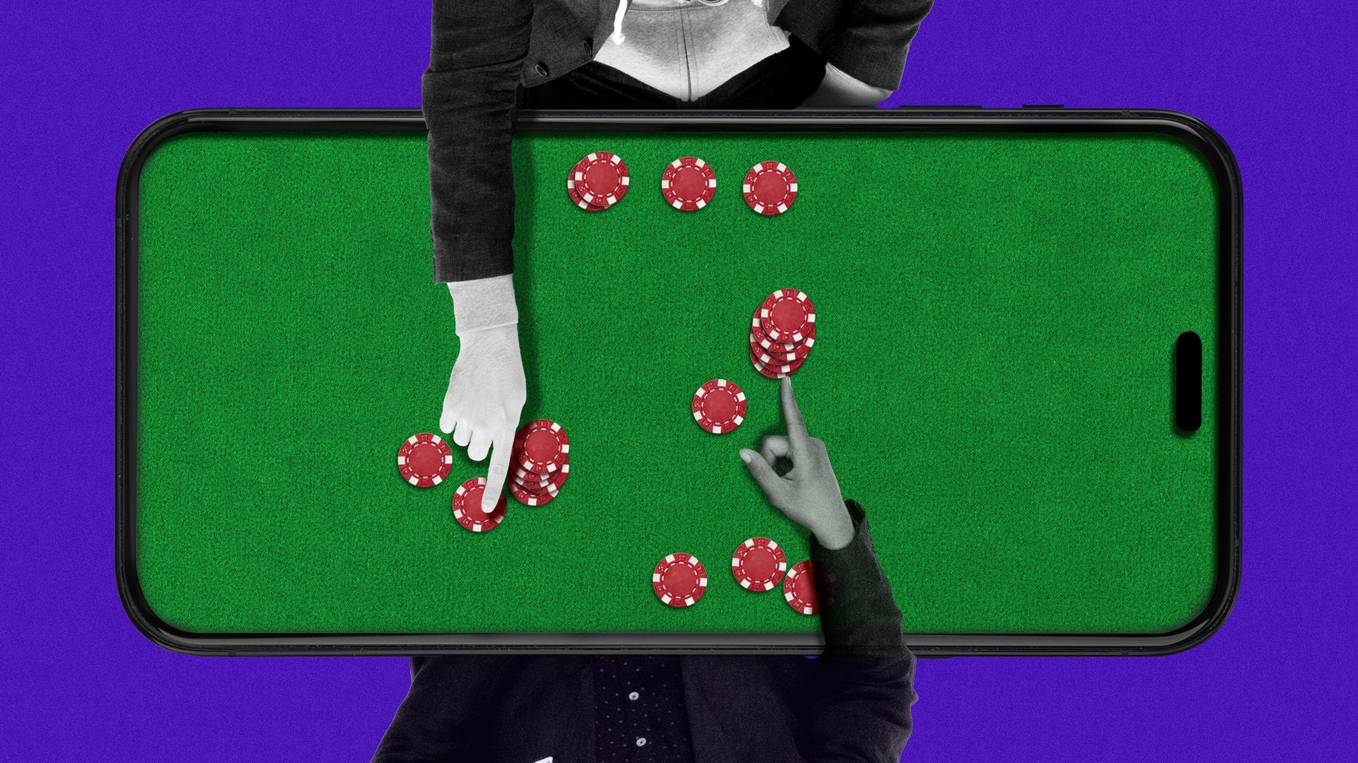 Illustration of two people with poker chips at a cellphone-shaped poker table 