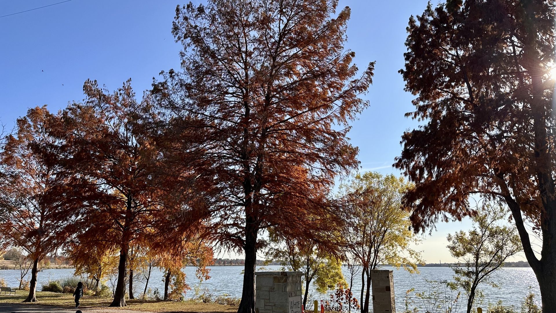 Autumn trees with red and orange leaves along a lakeside path under a clear blue sky, with a person walking near benches and stone pillars in sunlight.